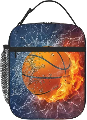 Basketball Lunch Box for Kids Teens Boys Girls, Sports Insulated Lunch Bag Leakproof Portable Meal Bags with Side Pocket, Durable Reusable Tote Bag for Beach/Picnic/School/Work