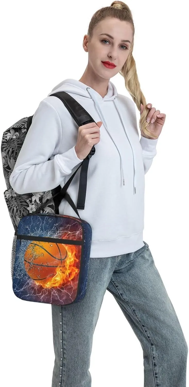 Basketball Lunch Box for Kids Teens Boys Girls, Sports Insulated Lunch Bag Leakproof Portable Meal Bags with Side Pocket, Durable Reusable Tote Bag for Beach/Picnic/School/Work