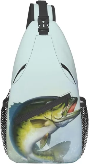 Bass Fish Jumping Fishing Sling Bag for Women Men's Crossbody Backpack Cycling Hiking Daypack Chest Shoulder Bag with Adjustable Strap