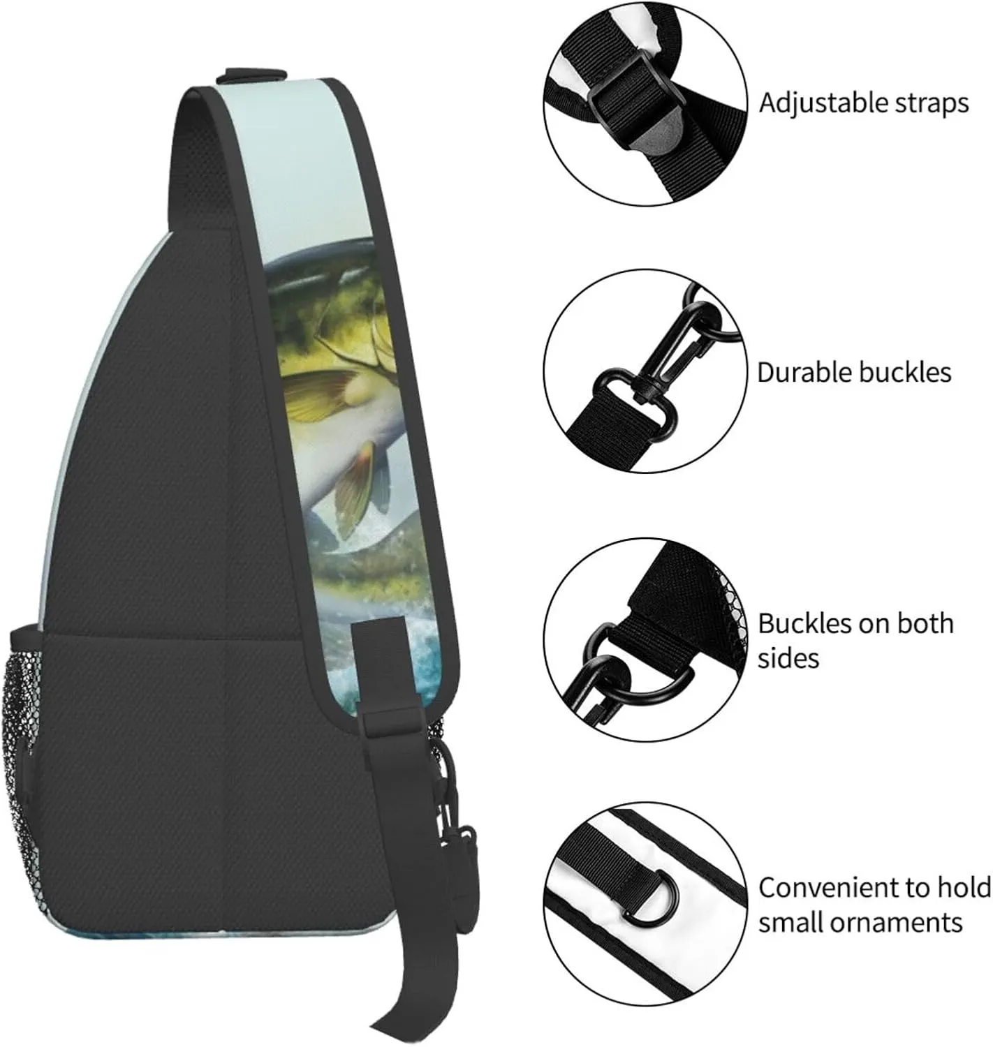 Bass Fish Jumping Fishing Sling Bag for Women Men's Crossbody Backpack Cycling Hiking Daypack Chest Shoulder Bag with Adjustable Strap