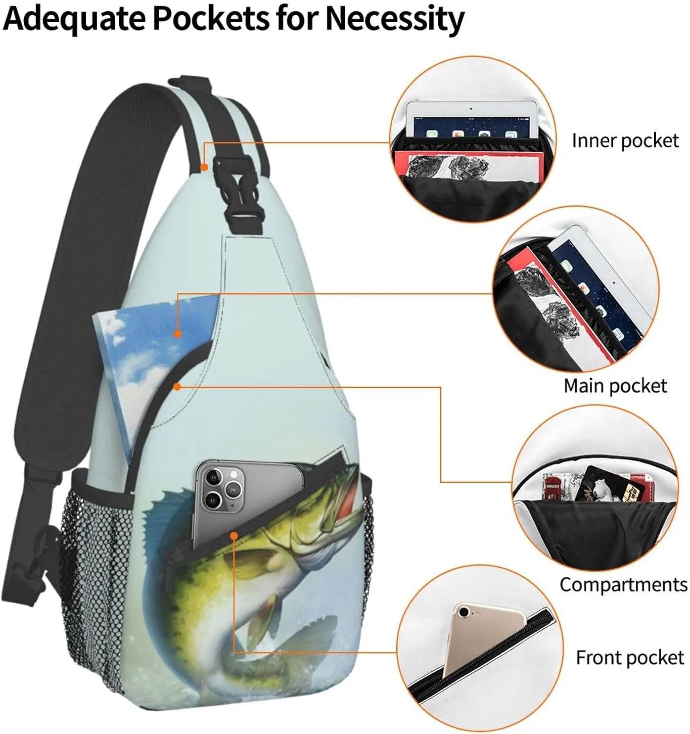 Bass Fish Jumping Fishing Sling Bag for Women Men's Crossbody Backpack Cycling Hiking Daypack Chest Shoulder Bag with Adjustable Strap
