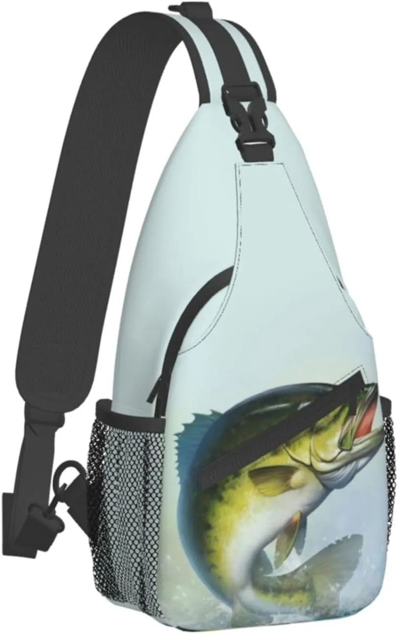 Bass Fish Jumping Fishing Sling Bag for Women Men's Crossbody Backpack Cycling Hiking Daypack Chest Shoulder Bag with Adjustable Strap
