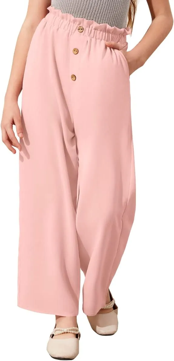 Batermoon Girls' Pants Paper Bag Elastic Waist Wide Leg Loose Trousers with Pocket