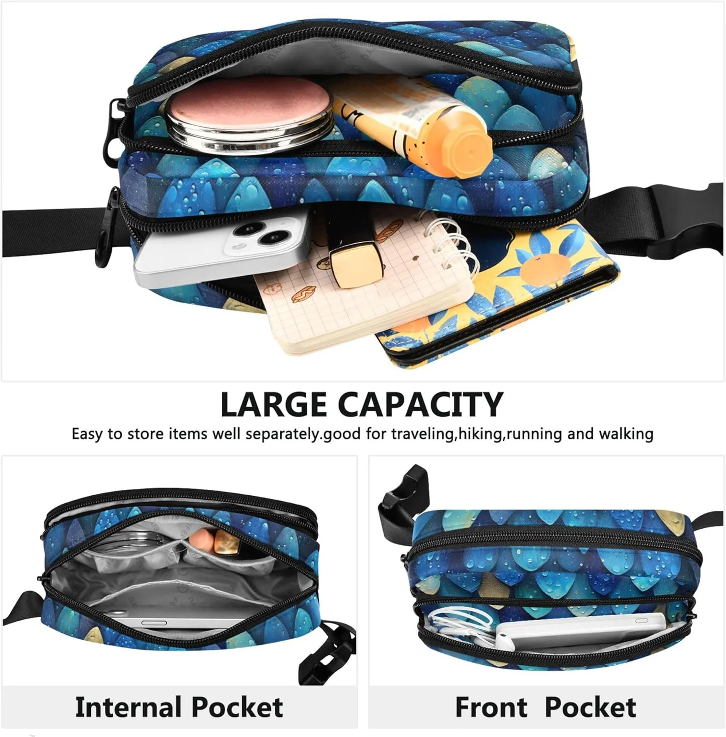 Beautiful Scales Fanny Pack for Women Flower Large Hip Belt Bag Waterproof Cross Body Waist Purse