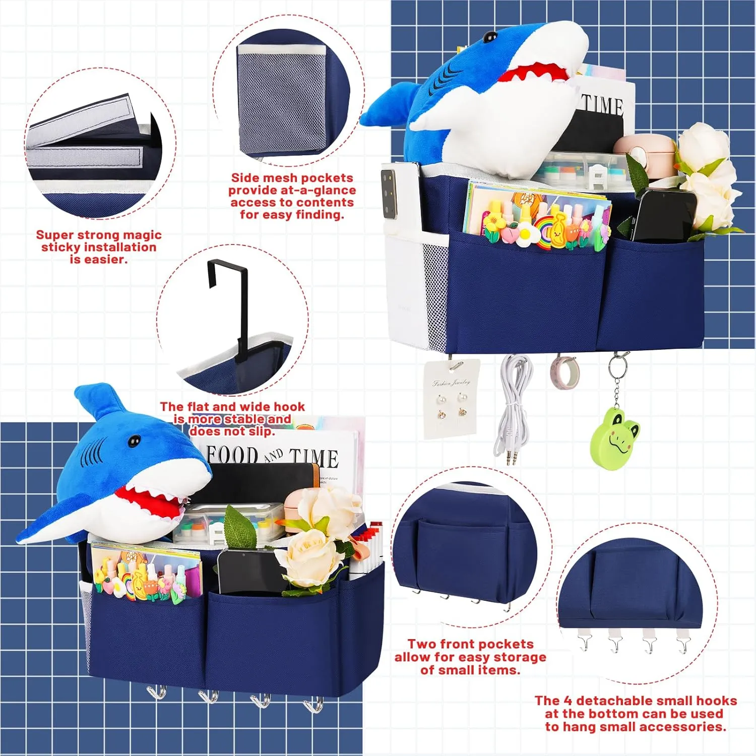Bedside Storage Bag with 4 Hooks Multi-Function Hanging Organizer Caddy for Headboards Bunk Bed Hospital Bed (2Pack Dark Blue)