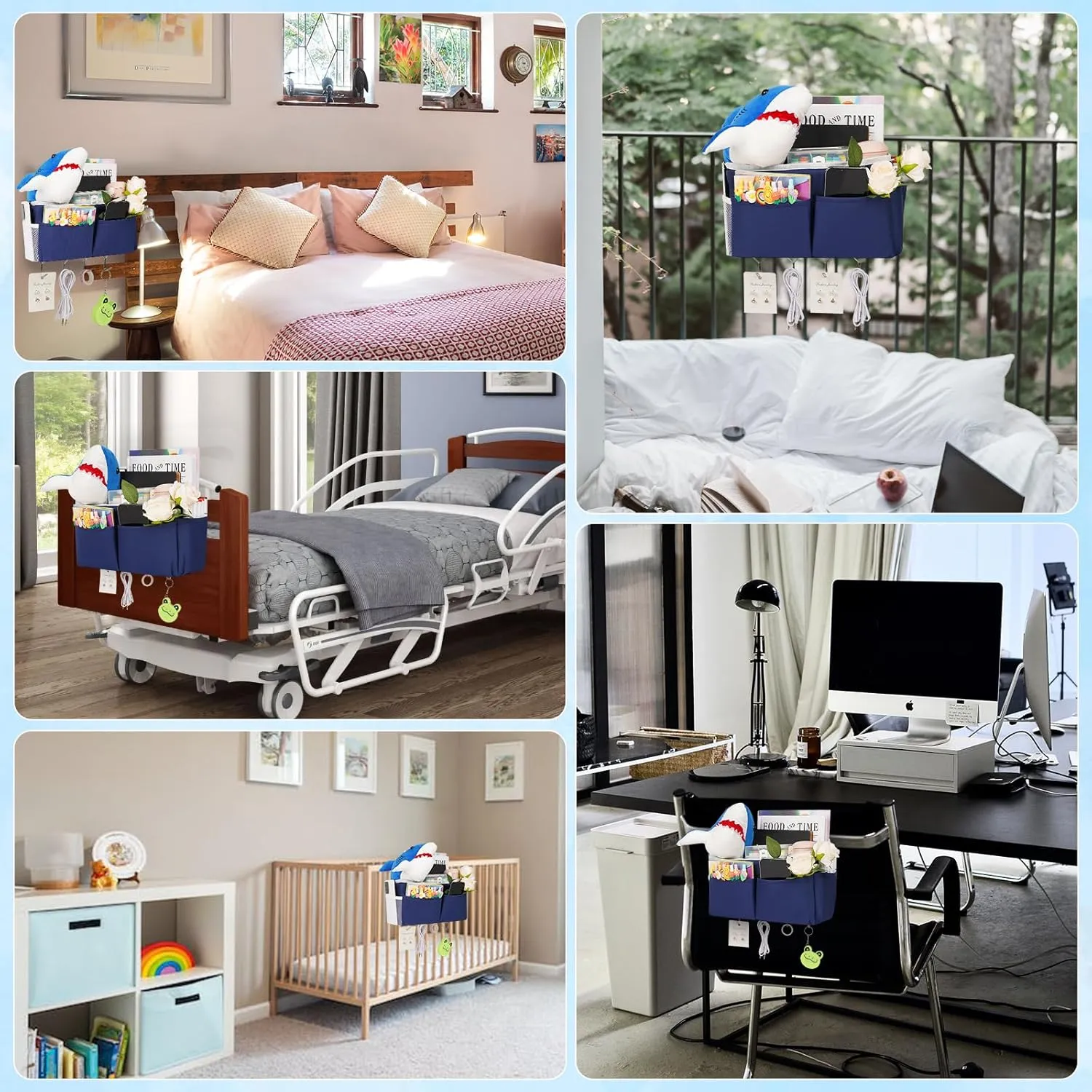Bedside Storage Bag with 4 Hooks Multi-Function Hanging Organizer Caddy for Headboards Bunk Bed Hospital Bed (2Pack Dark Blue)