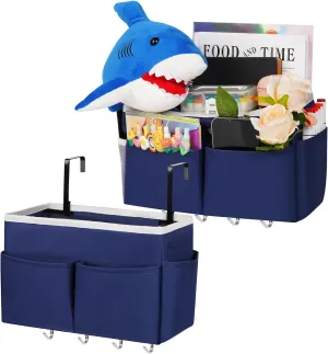 Bedside Storage Bag with 4 Hooks Multi-Function Hanging Organizer Caddy for Headboards Bunk Bed Hospital Bed (2Pack Dark Blue)
