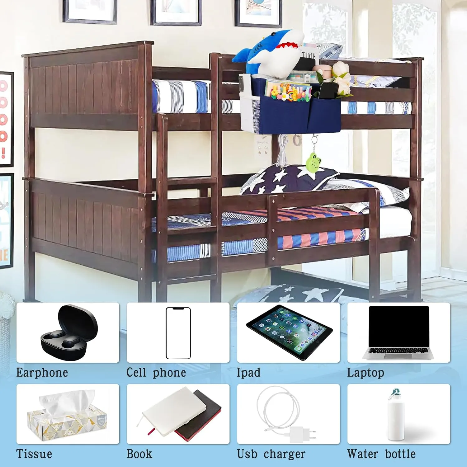 Bedside Storage Bag with 4 Hooks Multi-Function Hanging Organizer Caddy for Headboards Bunk Bed Hospital Bed (2Pack Dark Blue)