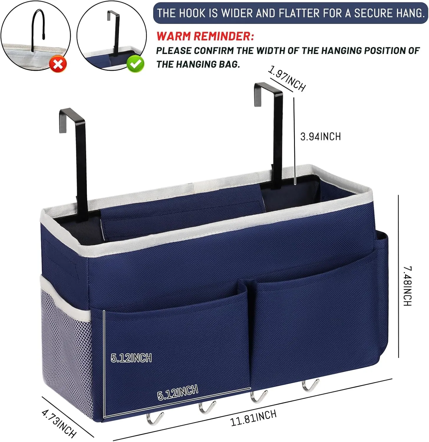Bedside Storage Bag with 4 Hooks Multi-Function Hanging Organizer Caddy for Headboards Bunk Bed Hospital Bed (2Pack Dark Blue)