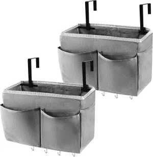 Bedside Storage Bag with 4 Hooks Multi-Function Hanging Organizer Caddy for Headboards Bunk Bed Hospital Bed (2Pack Grey)