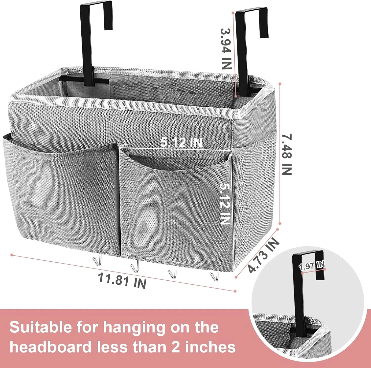 Bedside Storage Bag with 4 Hooks Multi-Function Hanging Organizer Caddy for Headboards Bunk Bed Hospital Bed (2Pack Grey)
