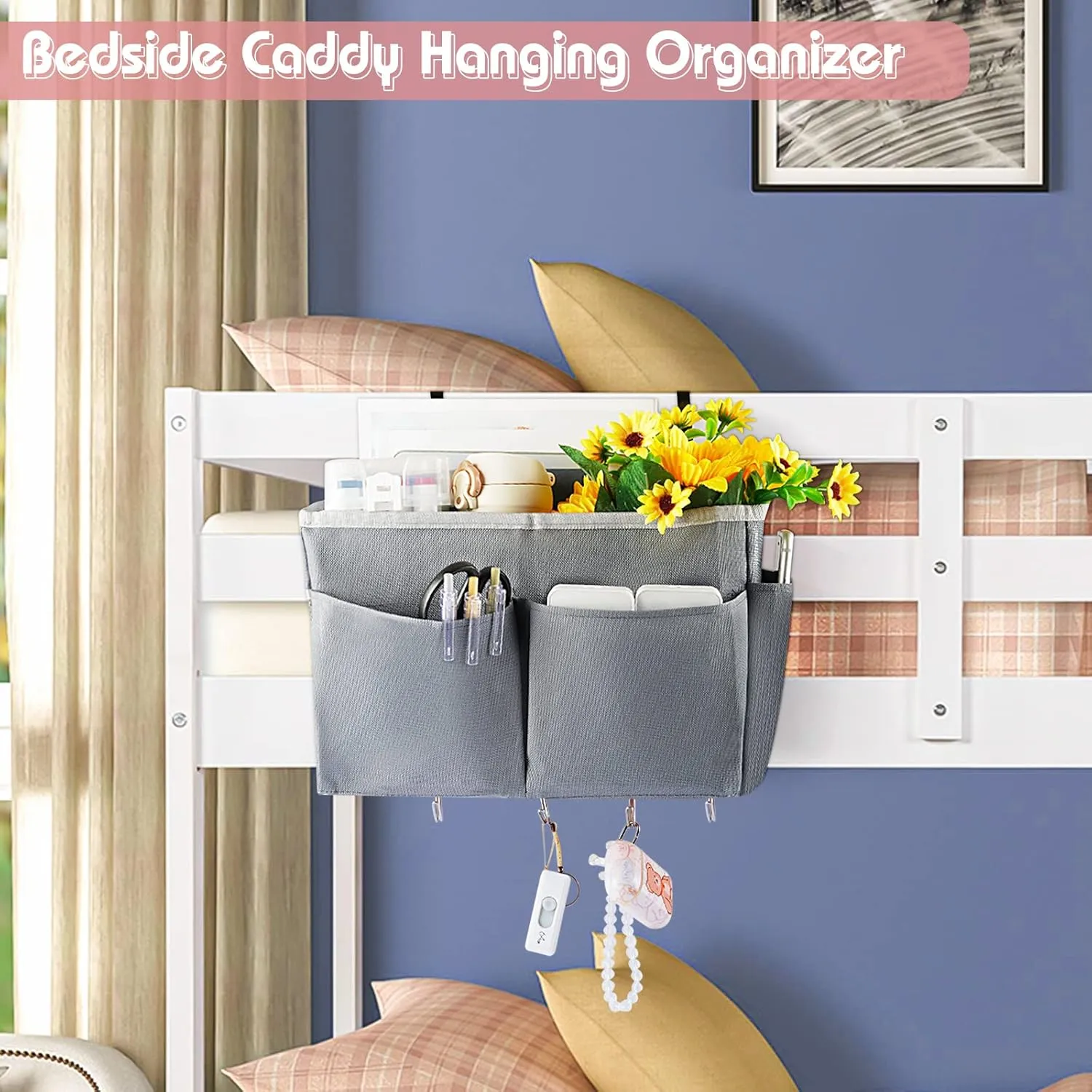 Bedside Storage Bag with 4 Hooks Multi-Function Hanging Organizer Caddy for Headboards Bunk Bed Hospital Bed (2Pack Grey)