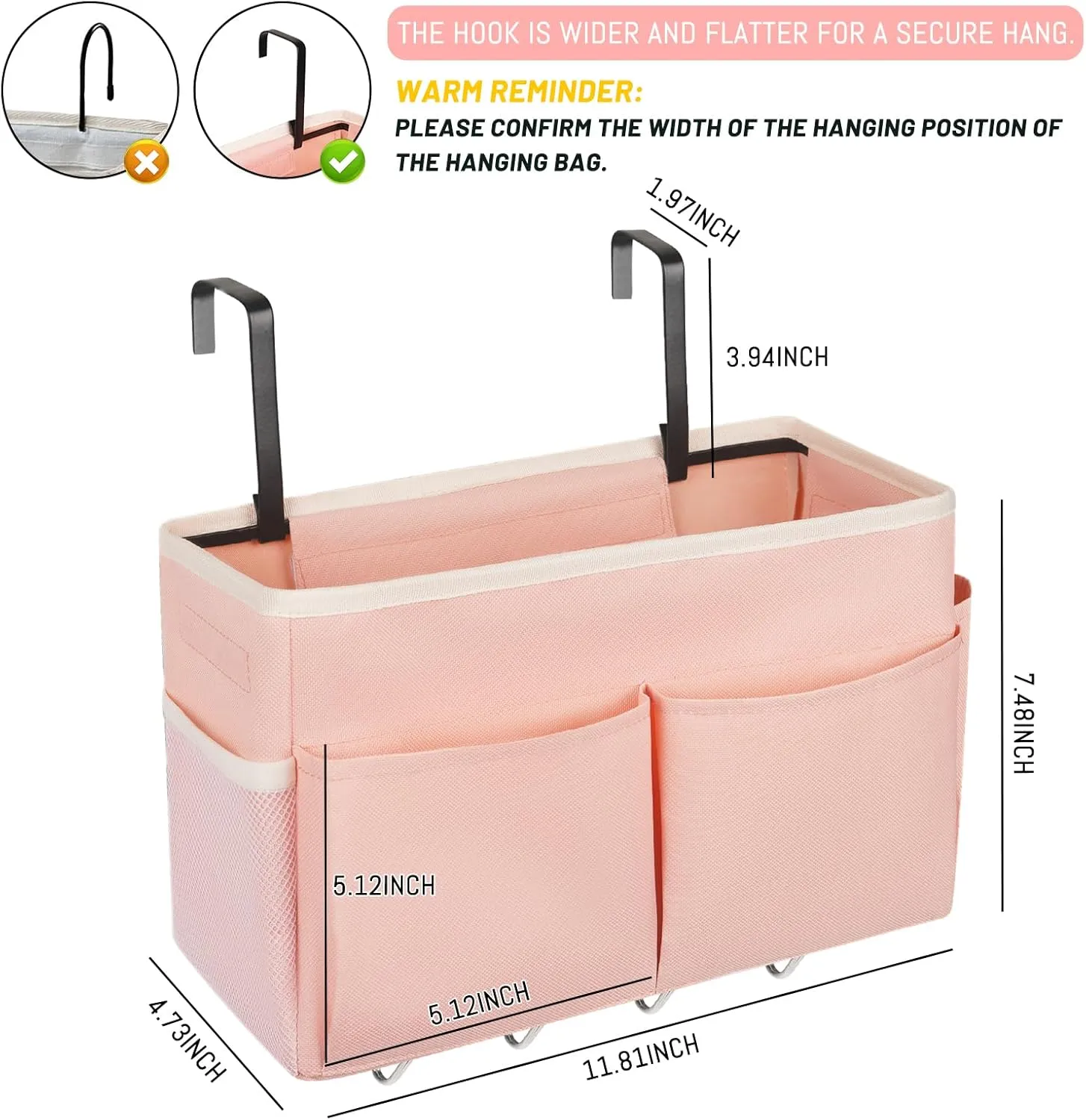 Bedside Storage Bag with 4 Hooks Multi-Function Hanging Organizer Caddy for Headboards Bunk Bed Hospital Bed (2Pack Pink)