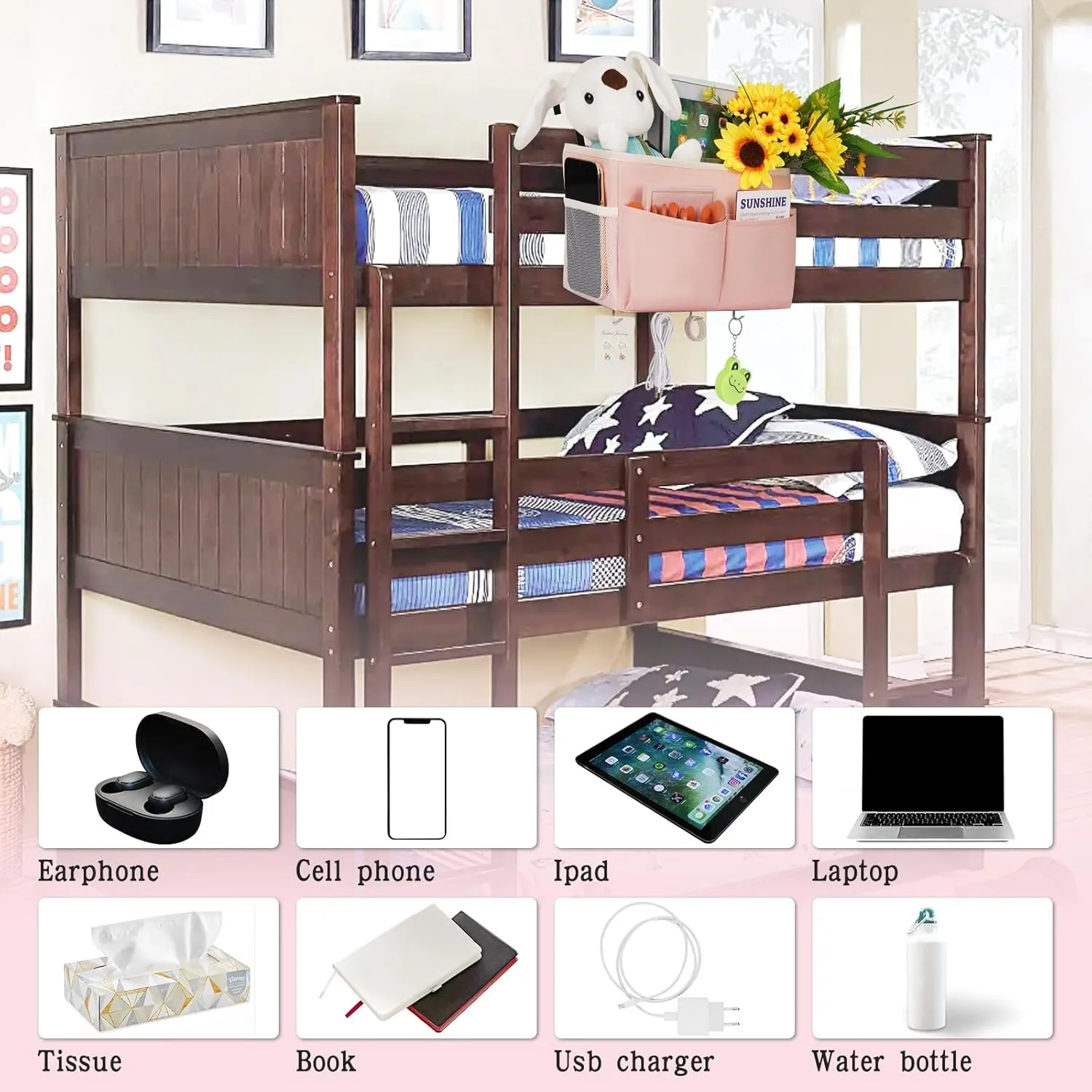 Bedside Storage Bag with 4 Hooks Multi-Function Hanging Organizer Caddy for Headboards Bunk Bed Hospital Bed (2Pack Pink)