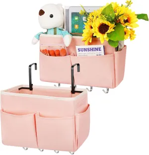 Bedside Storage Bag with 4 Hooks Multi-Function Hanging Organizer Caddy for Headboards Bunk Bed Hospital Bed (2Pack Pink)