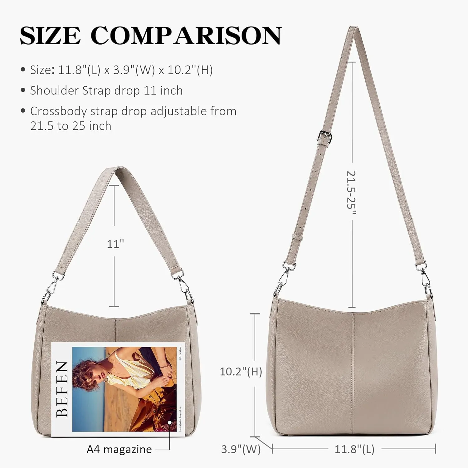 befen Genuine Leather Hobo Bags Purses for Women, Women's Shoulder bag Handbags Crossbody Bag with 2 Shoulder Straps