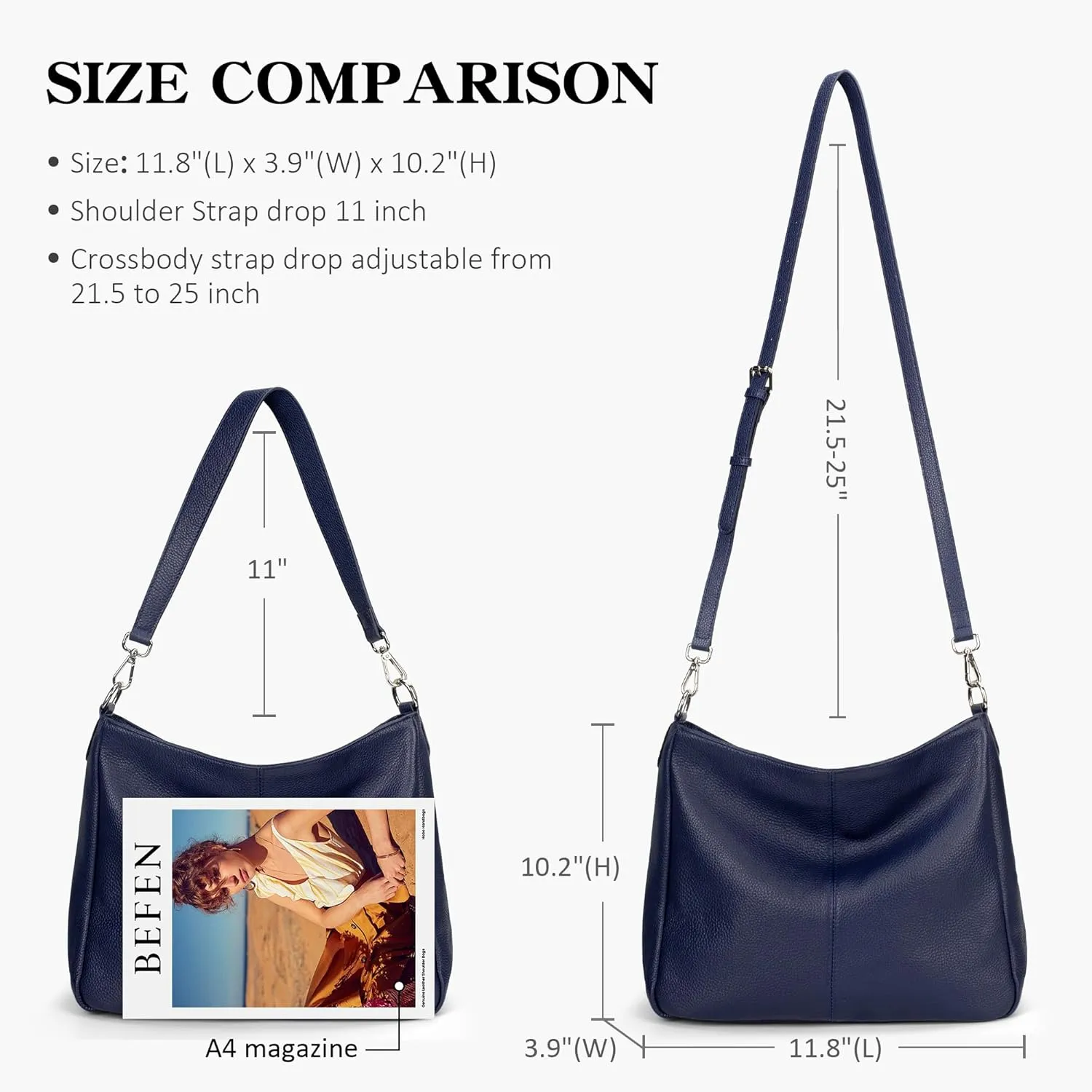 befen Genuine Leather Hobo Bags Purses for Women, Women's Shoulder bag Handbags Crossbody Bag with 2 Shoulder Straps