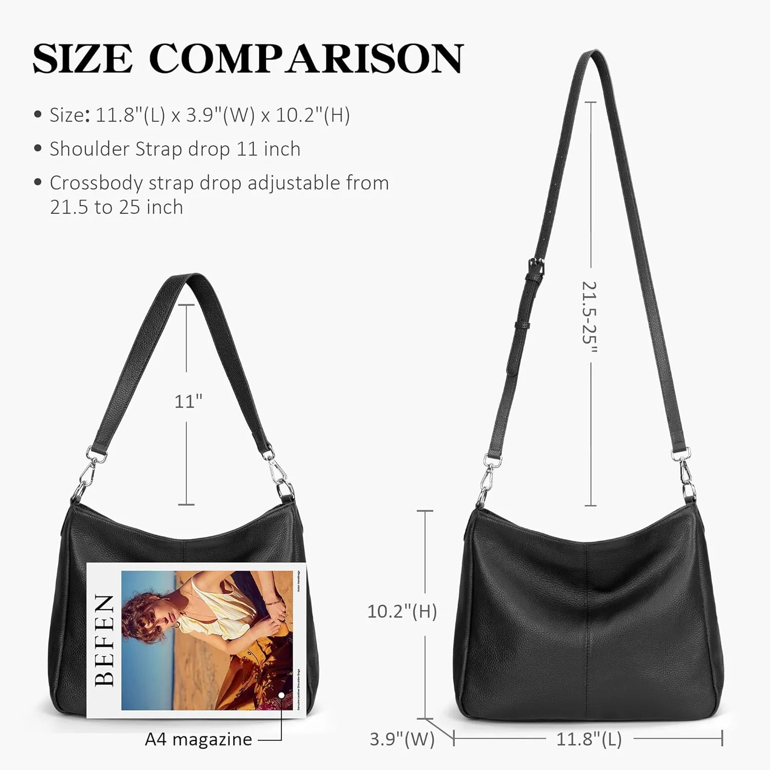 befen Genuine Leather Hobo Bags Purses for Women, Women's Shoulder bag Handbags Crossbody Bag with 2 Shoulder Straps