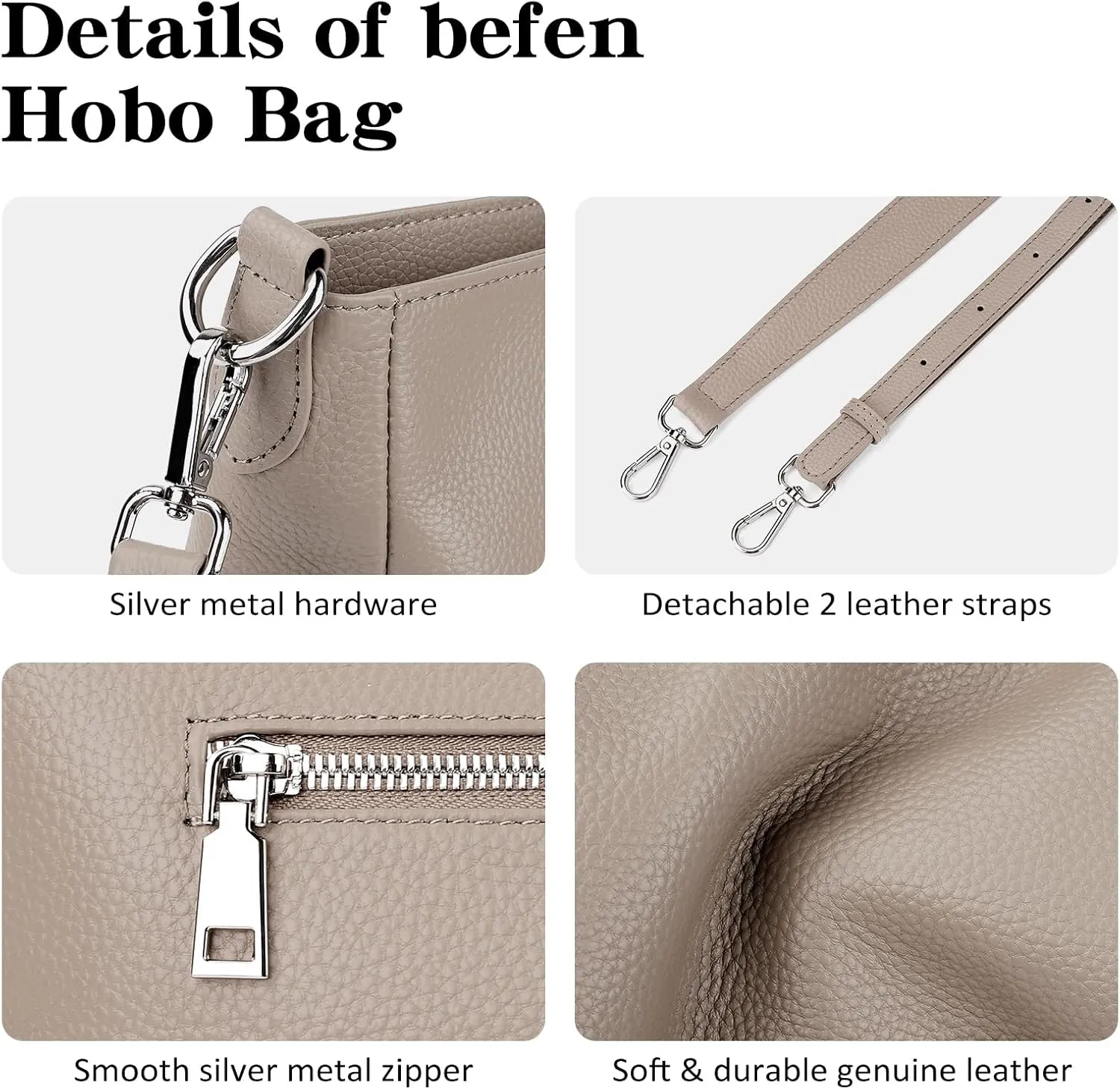 befen Genuine Leather Hobo Bags Purses for Women, Women's Shoulder bag Handbags Crossbody Bag with 2 Shoulder Straps