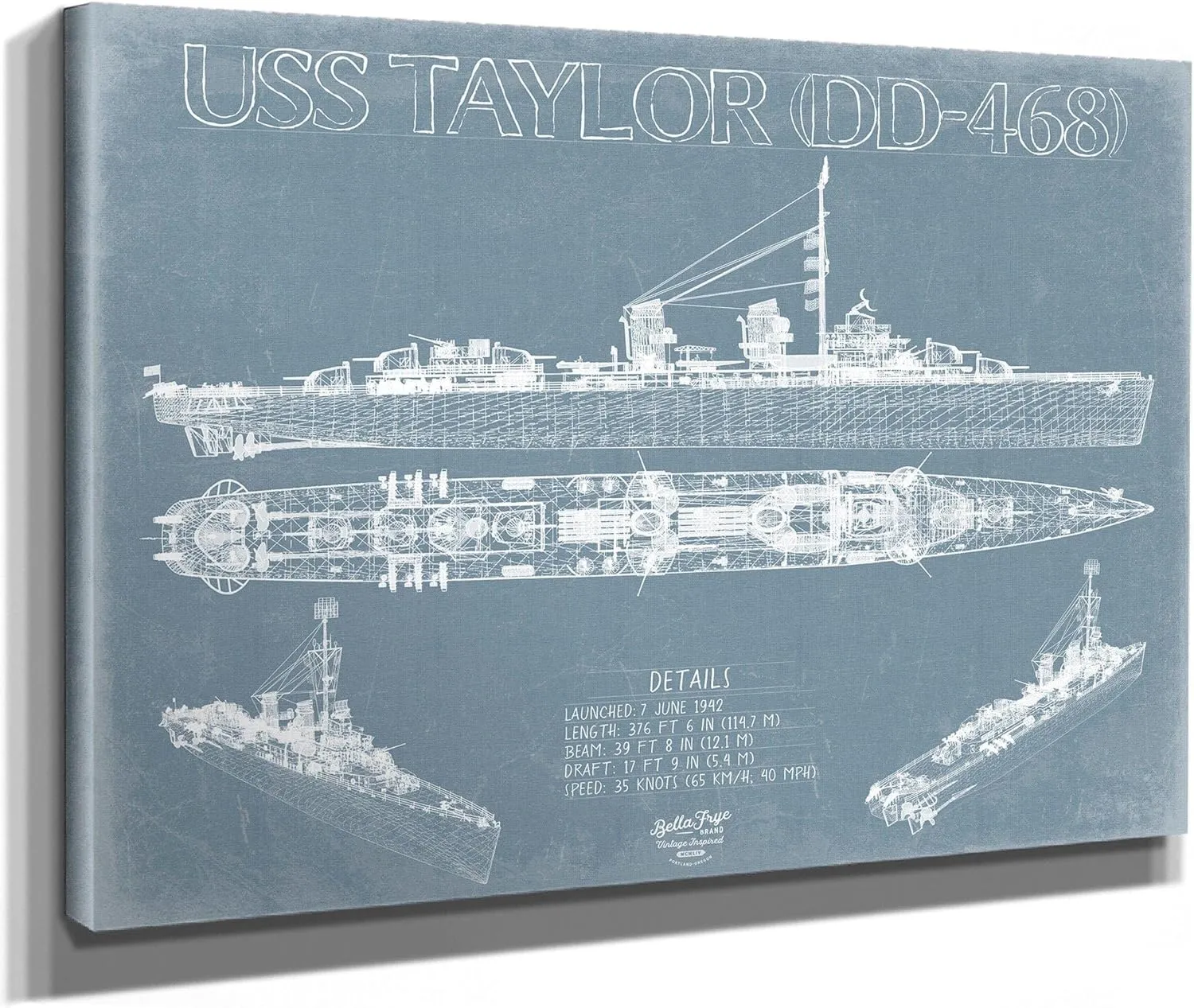 Bella Frye USS Taylor (DD-468) Blueprint Wall Art - Original Destroyer Print 24" x 18" / Unframed Paper Giclee