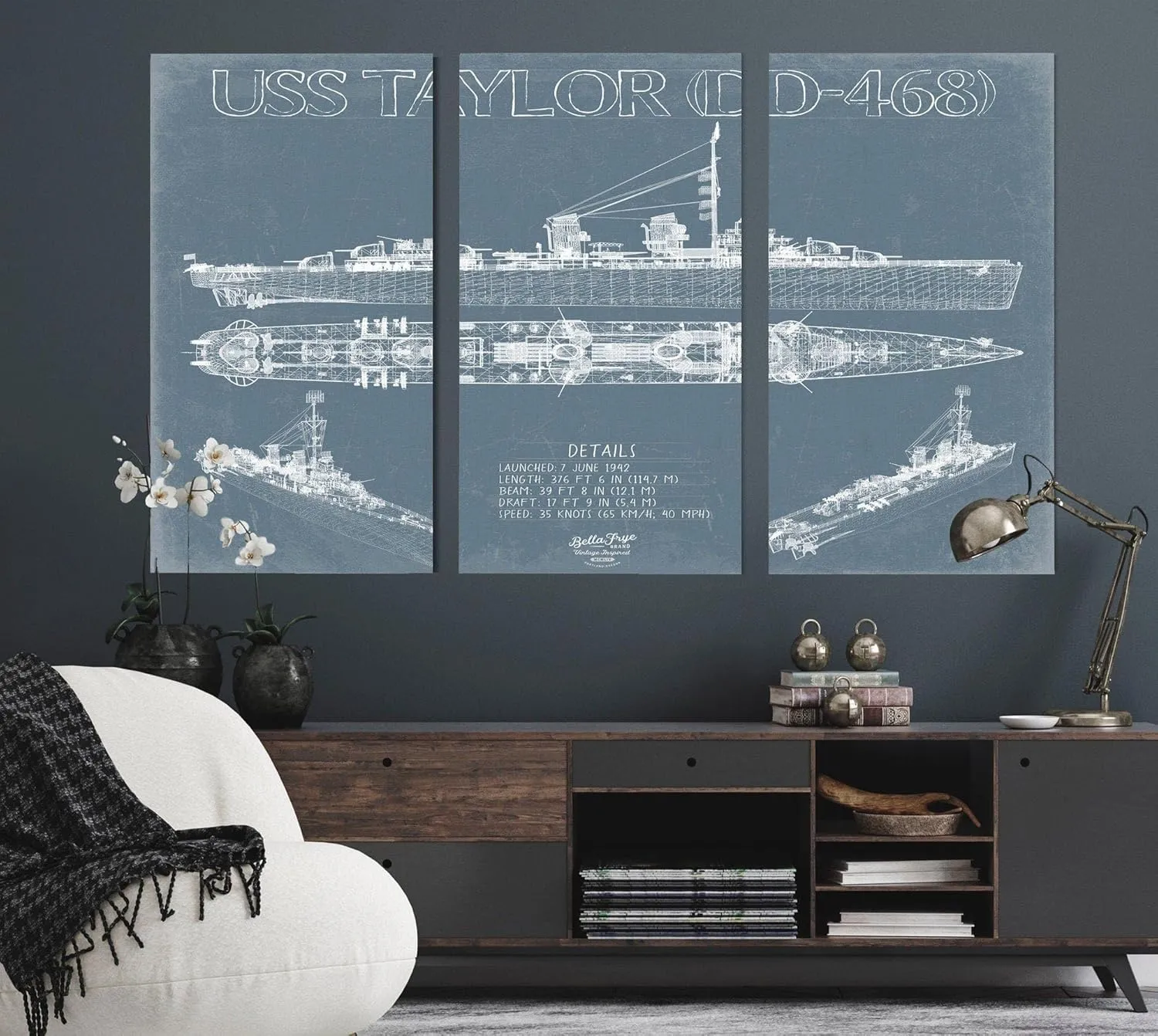 Bella Frye USS Taylor (DD-468) Blueprint Wall Art - Original Destroyer Print 24" x 18" / Unframed Paper Giclee
