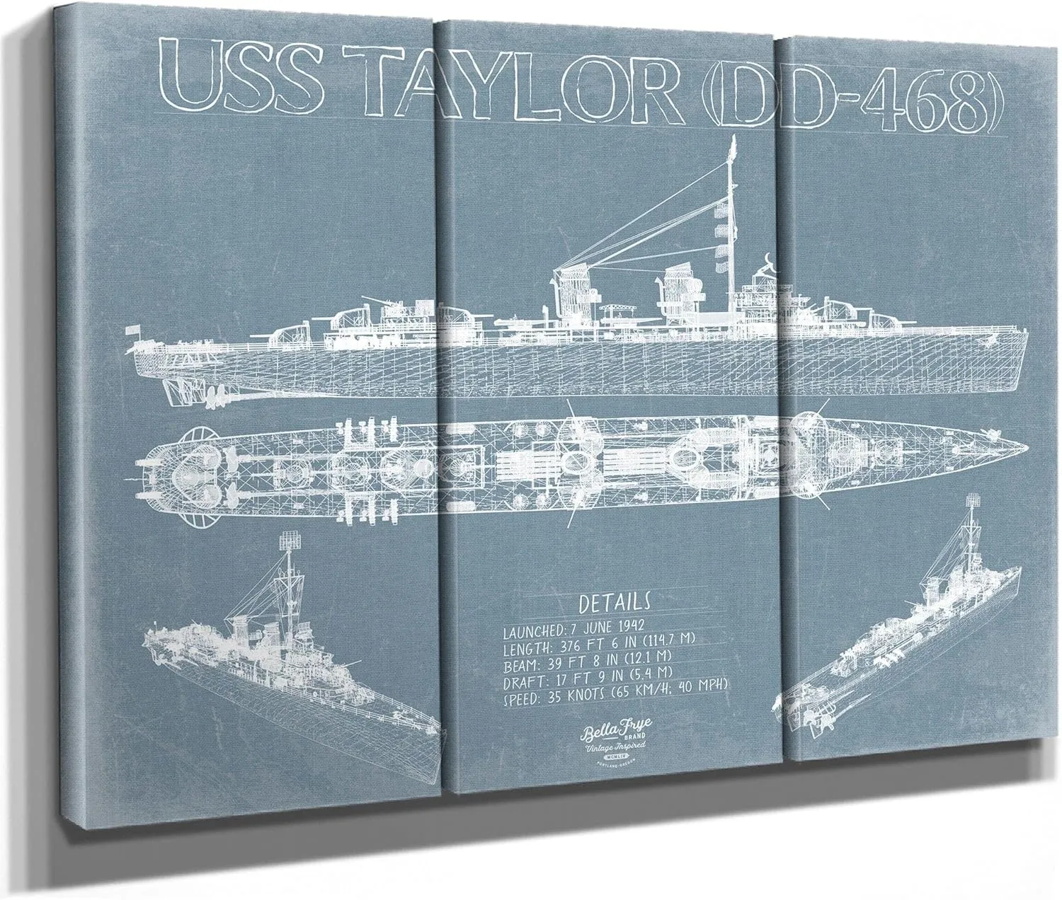 Bella Frye USS Taylor (DD-468) Blueprint Wall Art - Original Destroyer Print 24" x 18" / Unframed Paper Giclee