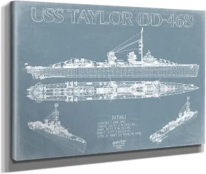 Bella Frye USS Taylor (DD-468) Blueprint Wall Art - Original Destroyer Print 24" x 18" / Unframed Paper Giclee