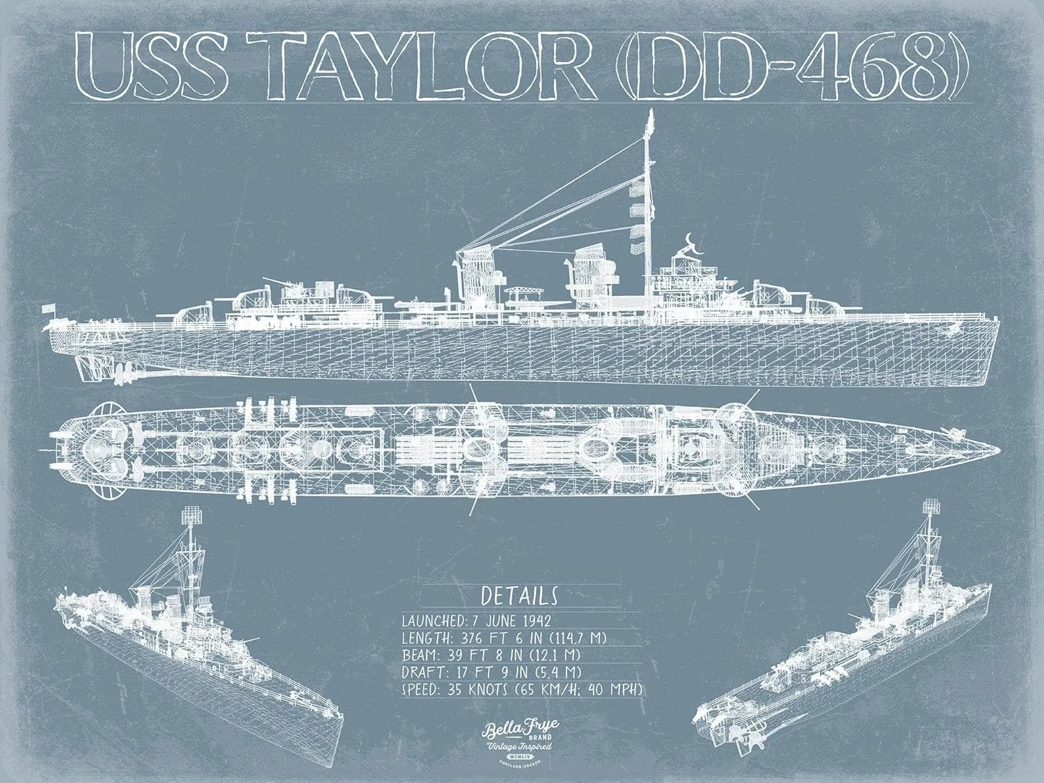 Bella Frye USS Taylor (DD-468) Blueprint Wall Art - Original Destroyer Print 24" x 18" / Unframed Paper Giclee