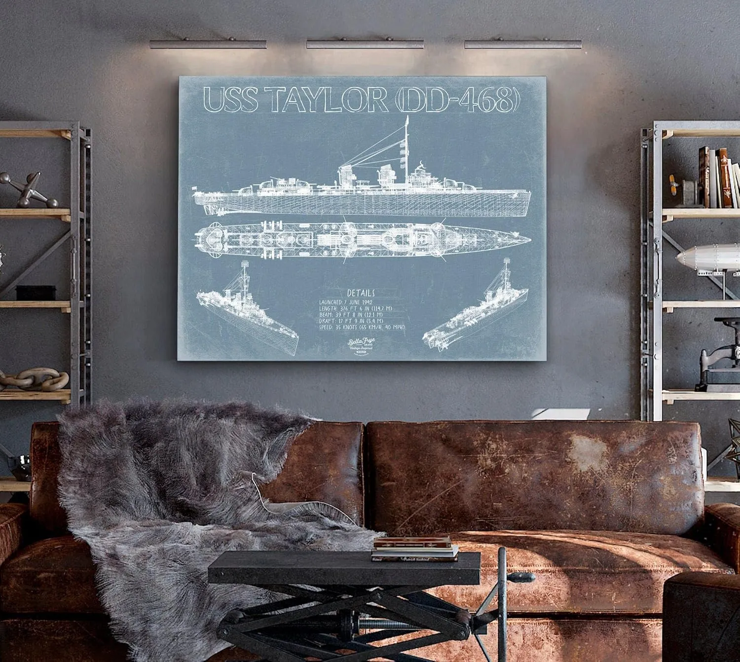 Bella Frye USS Taylor (DD-468) Blueprint Wall Art - Original Destroyer Print 24" x 18" / Unframed Paper Giclee