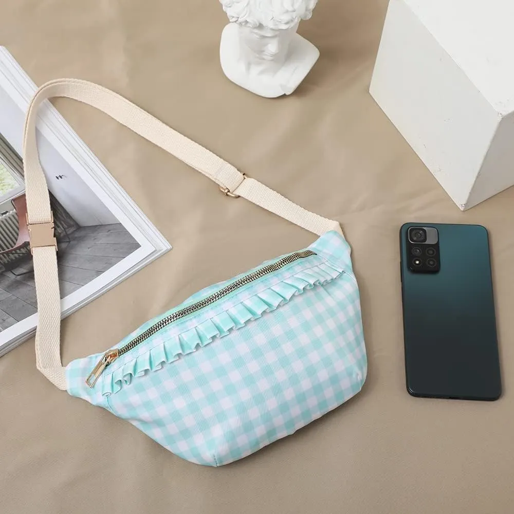 Belt Bag for Women Gingham Ruffle Crossbody Fanny Pack with Adjustable Strap,Fashion Waist Pack Bag Bum bag for Traveling Hiking Cycling Running Casual (Mint)