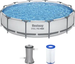 Bestway Steel Pro MAX 12 Foot by 30 Inch Round Above Ground Swimming Pool Set Outdoor Metal Frame Family Pool with Filter Pump, Gray