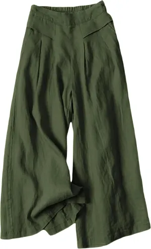 Bianstore Women's Culottes Linen Cropped Wide Leg Pants Elastic Waist Casual Palazzo Trousers with Pockets