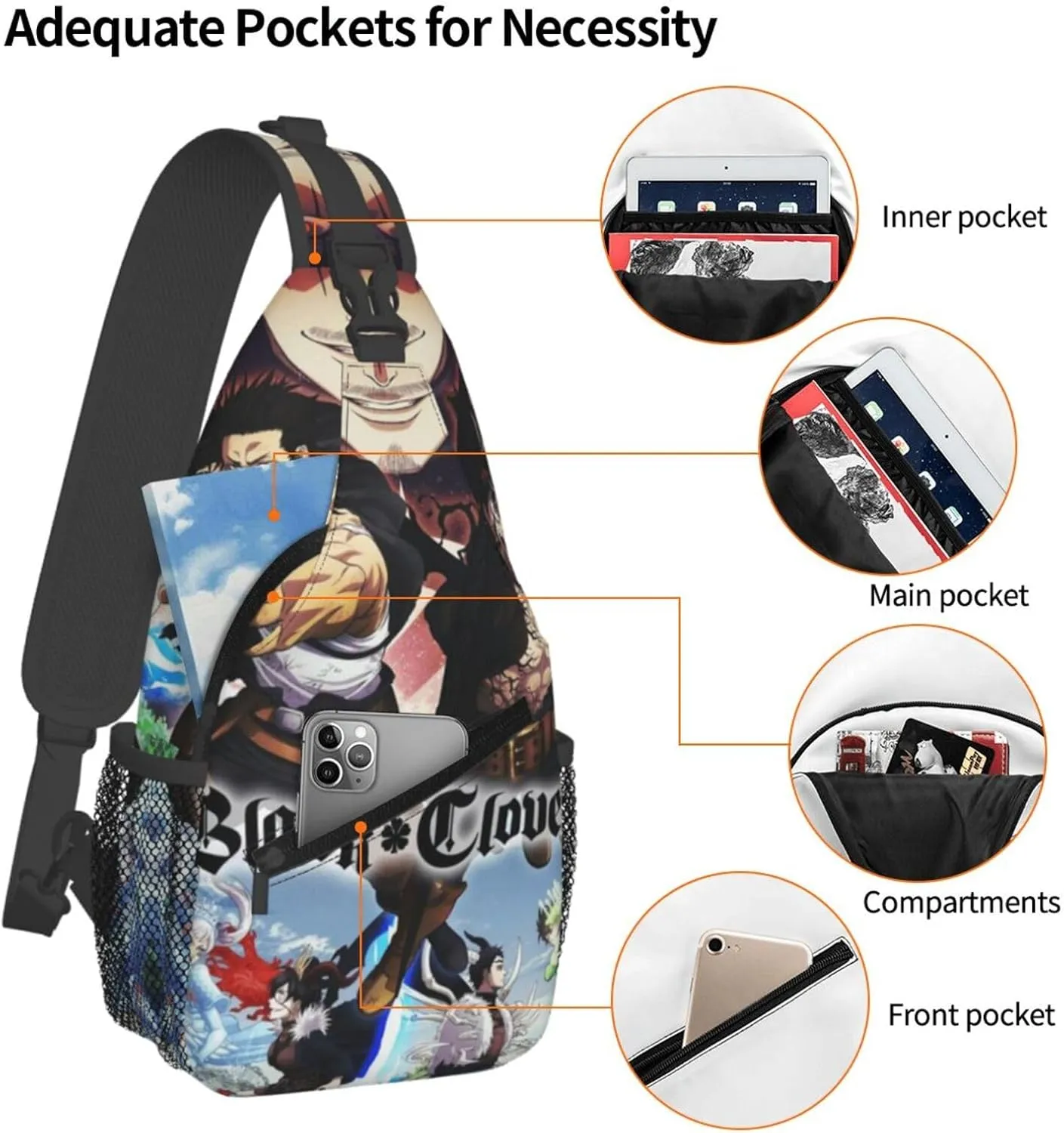 Bl-ack Clover Crossbody Bag Sling Shoulder Bag for Outdoor Travel Sports Camping Hiking Shoulder Bags