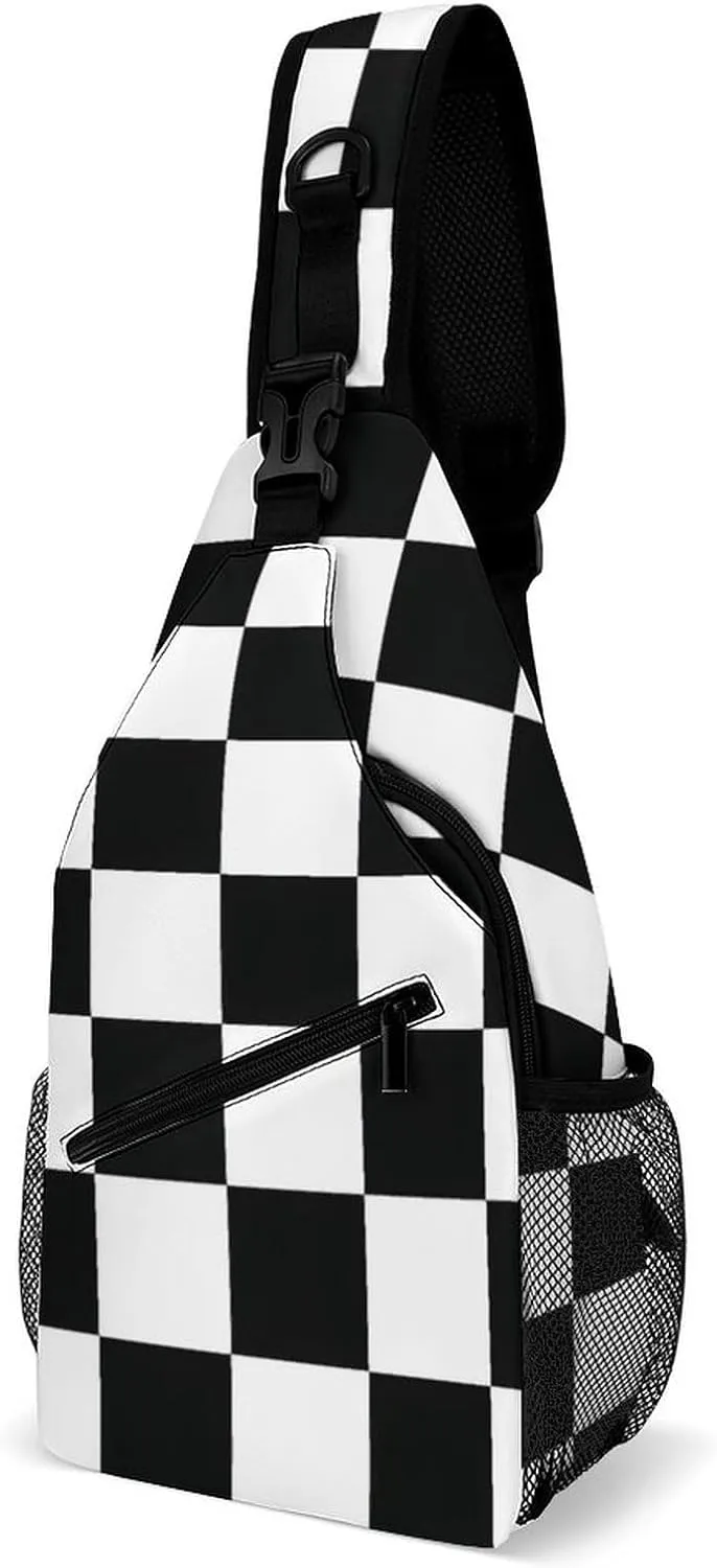 Black And White Checkerboard Grid Checkered Pattern Sling Bags Men And Women Shoulder Backpack Chest Bag Cross Body Chest Sling Backpack.