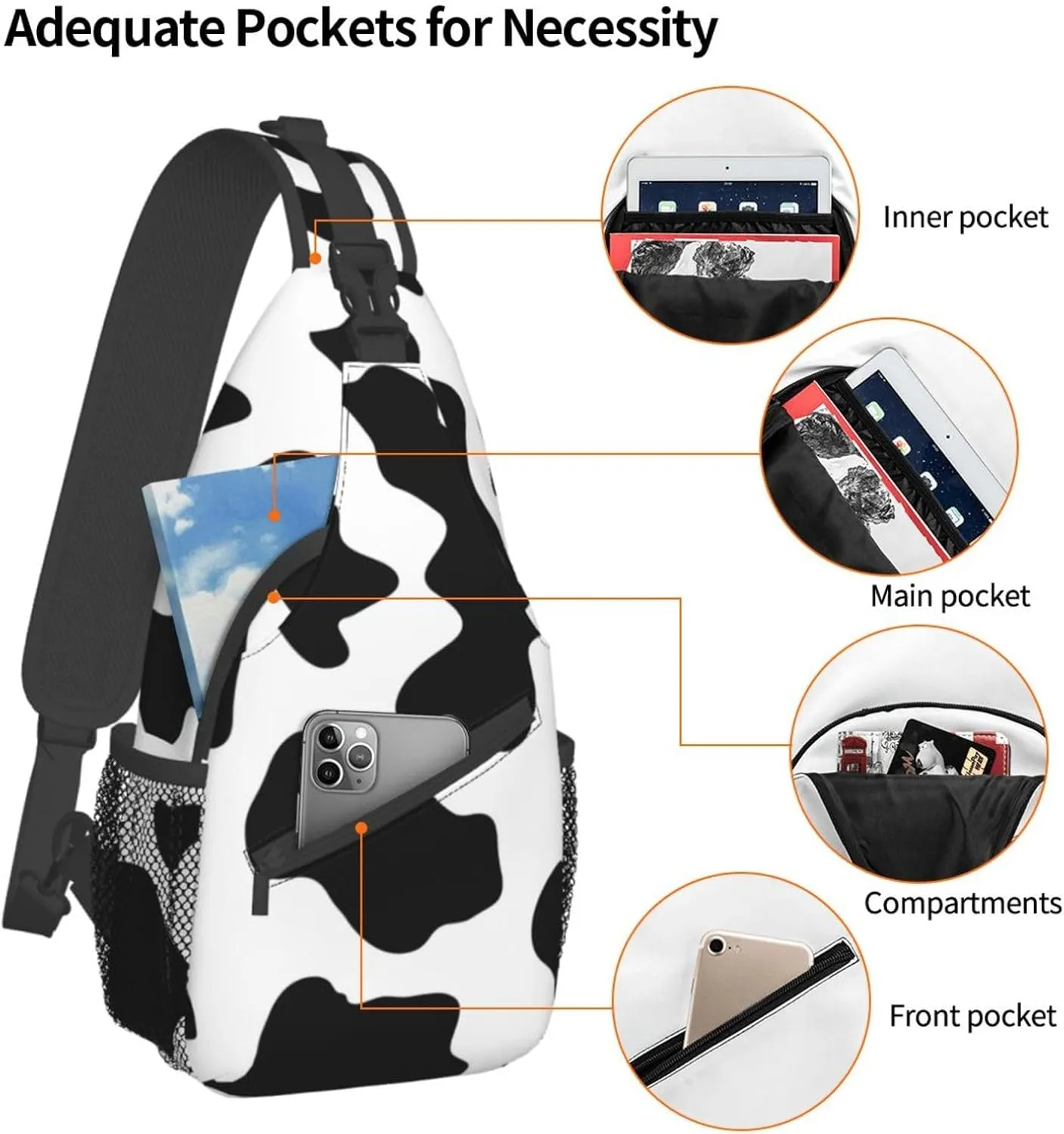 Black And White Cow Print Print Crossbody Backpack Shoulder Bag Cross Chest Bag For Travel, Hiking Gym Tactical Use