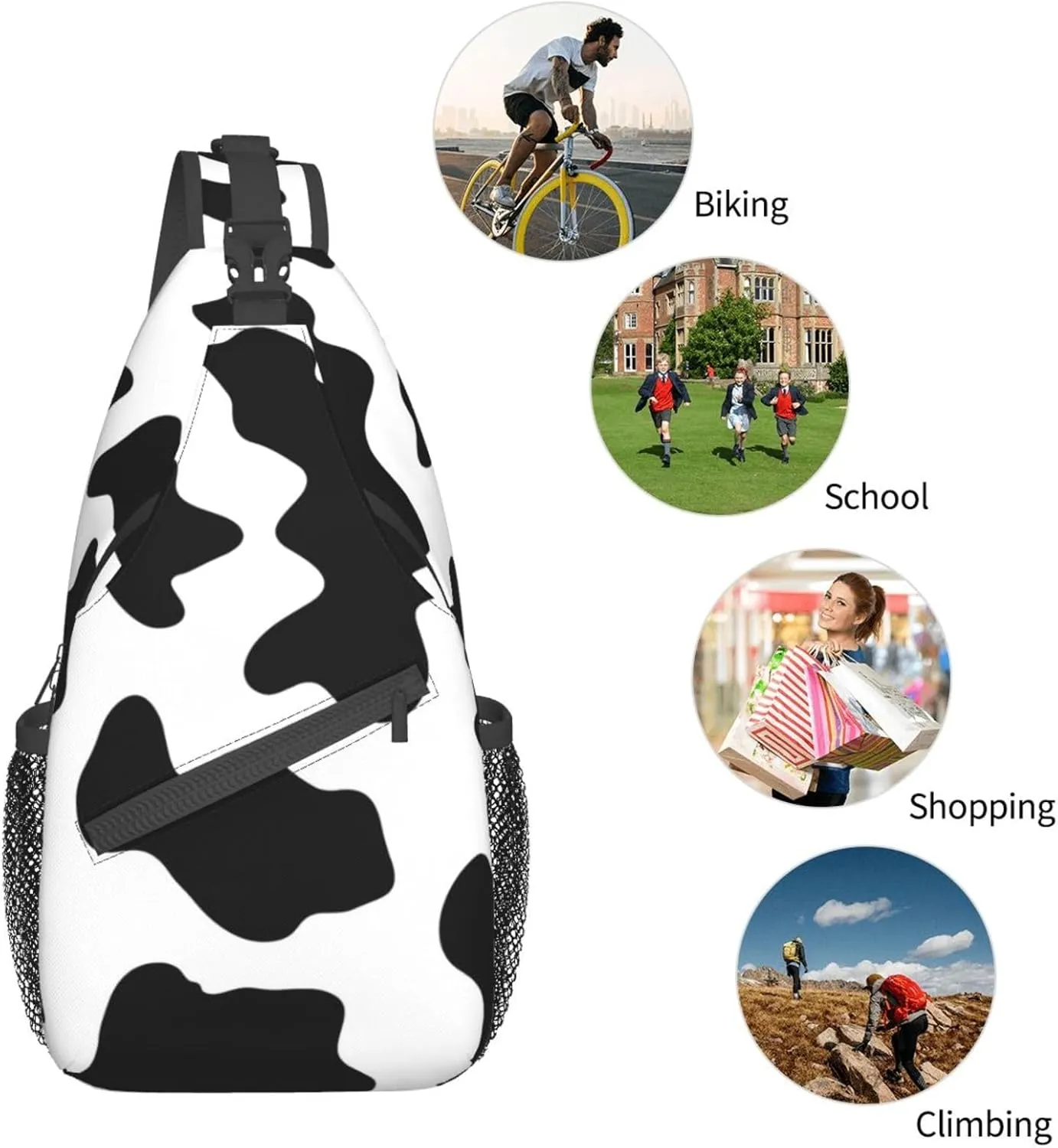 Black And White Cow Print Print Crossbody Backpack Shoulder Bag Cross Chest Bag For Travel, Hiking Gym Tactical Use