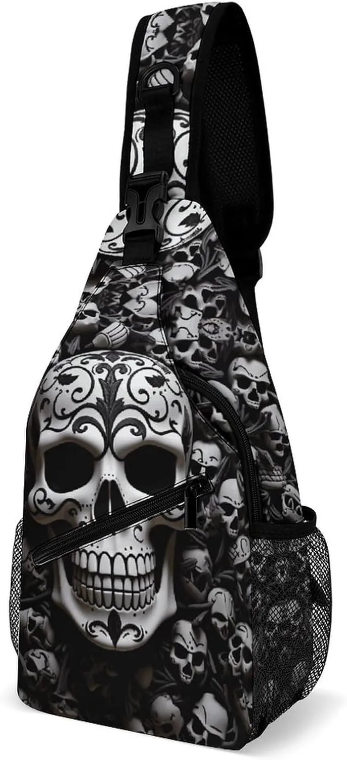 Black And White Skulls Sling Bag Crossbody Bags Cross Body Bag Fanny Packs Chest Bags Sling Purses for Travel