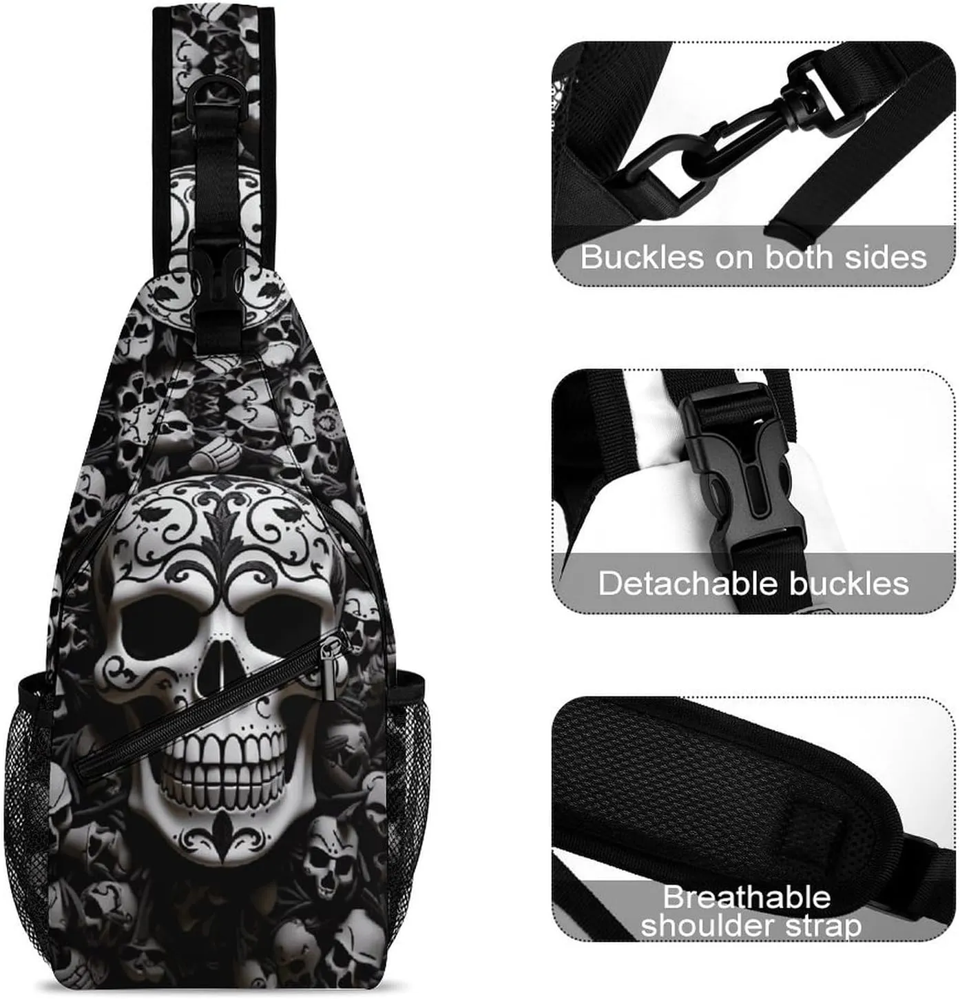 Black And White Skulls Sling Bag Crossbody Bags Cross Body Bag Fanny Packs Chest Bags Sling Purses for Travel