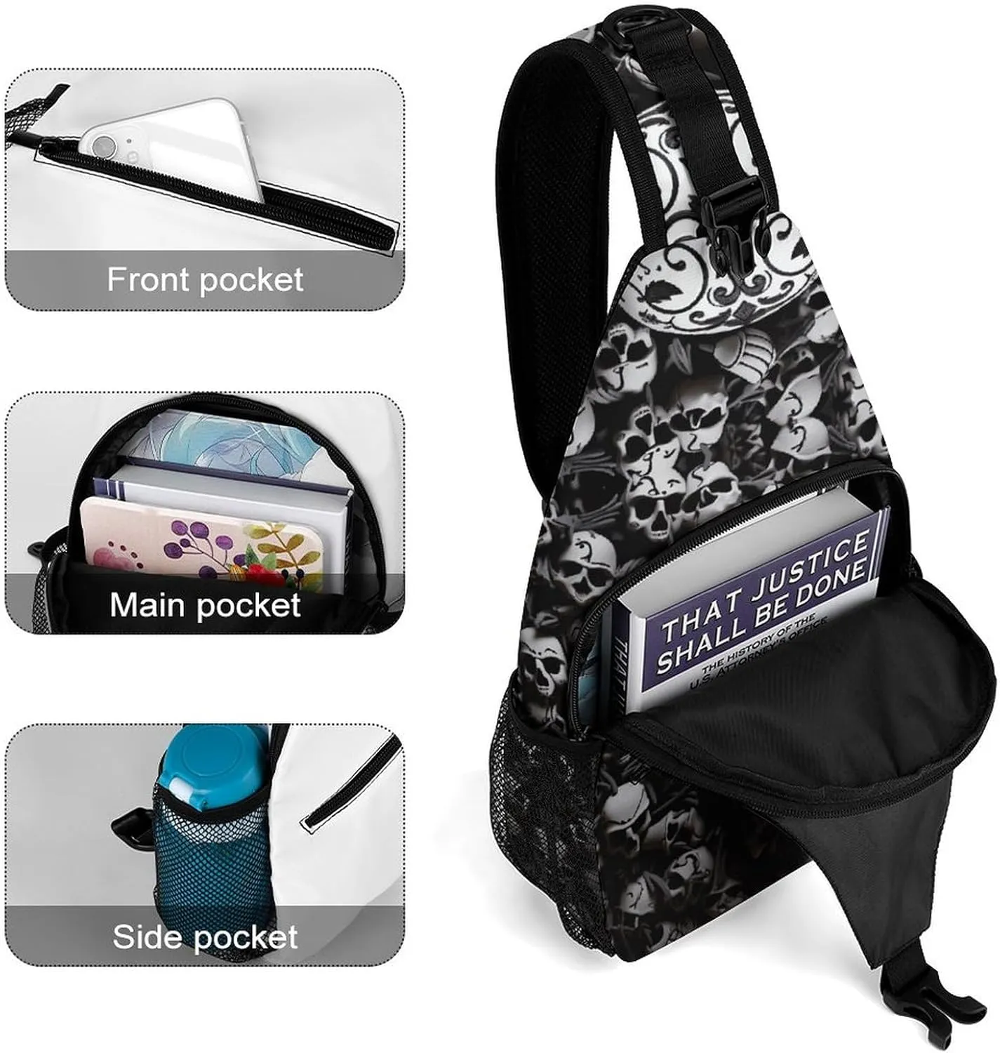 Black And White Skulls Sling Bag Crossbody Bags Cross Body Bag Fanny Packs Chest Bags Sling Purses for Travel