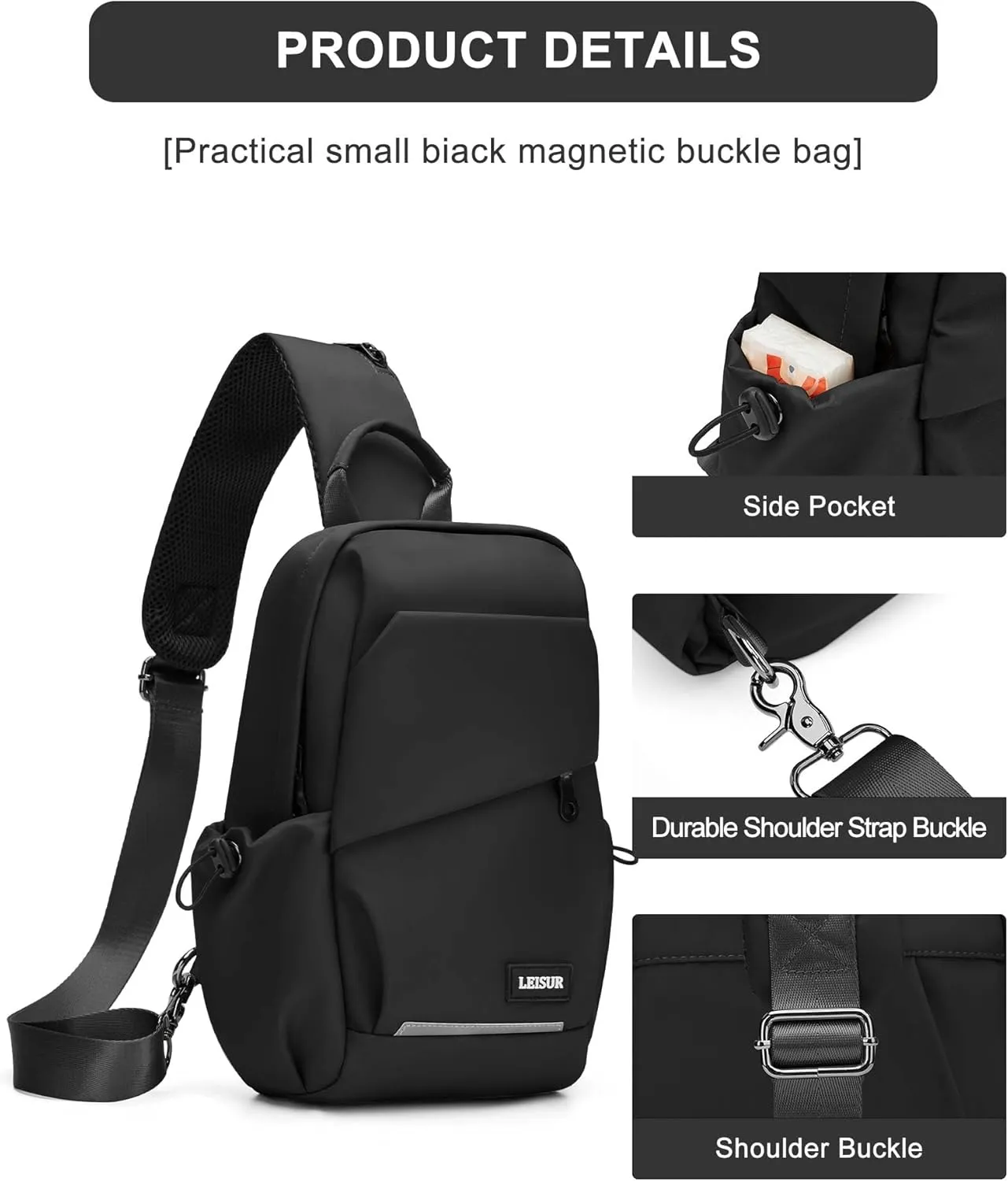 Black Crossbody Sling Backpacks Sling Bag for Men Women, Small Shoulder Backpack Motorcycle Chest Bags One Strap Backpack, Mini Chest Daypack for Casual Travel Hiking Gym Outdoor Sports