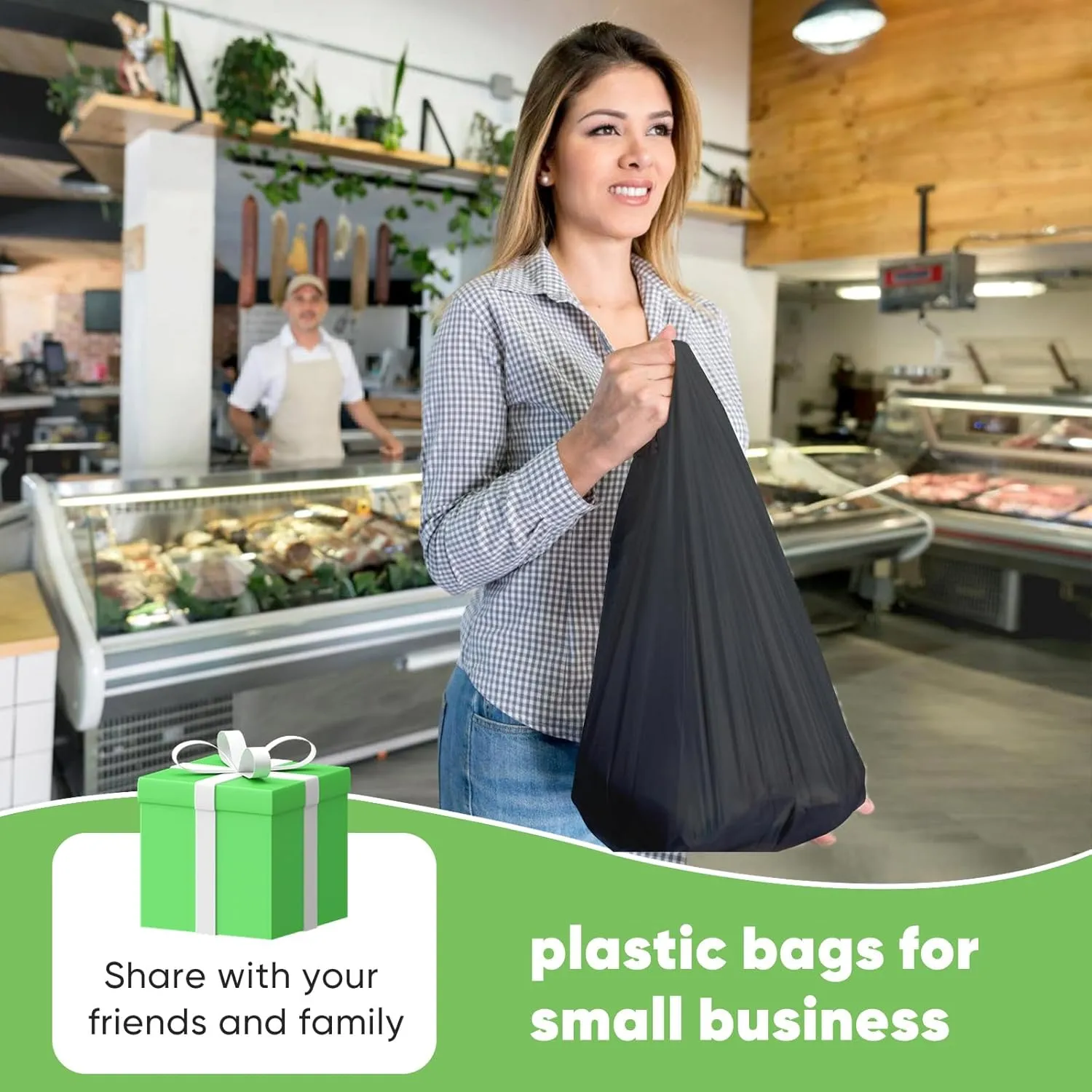 Black Plastic Bags (11.5'x 6.5" x 21')(300Pack) with Handles - Shopping & Grocery Bags for Small Business & Restaurants in Bulk