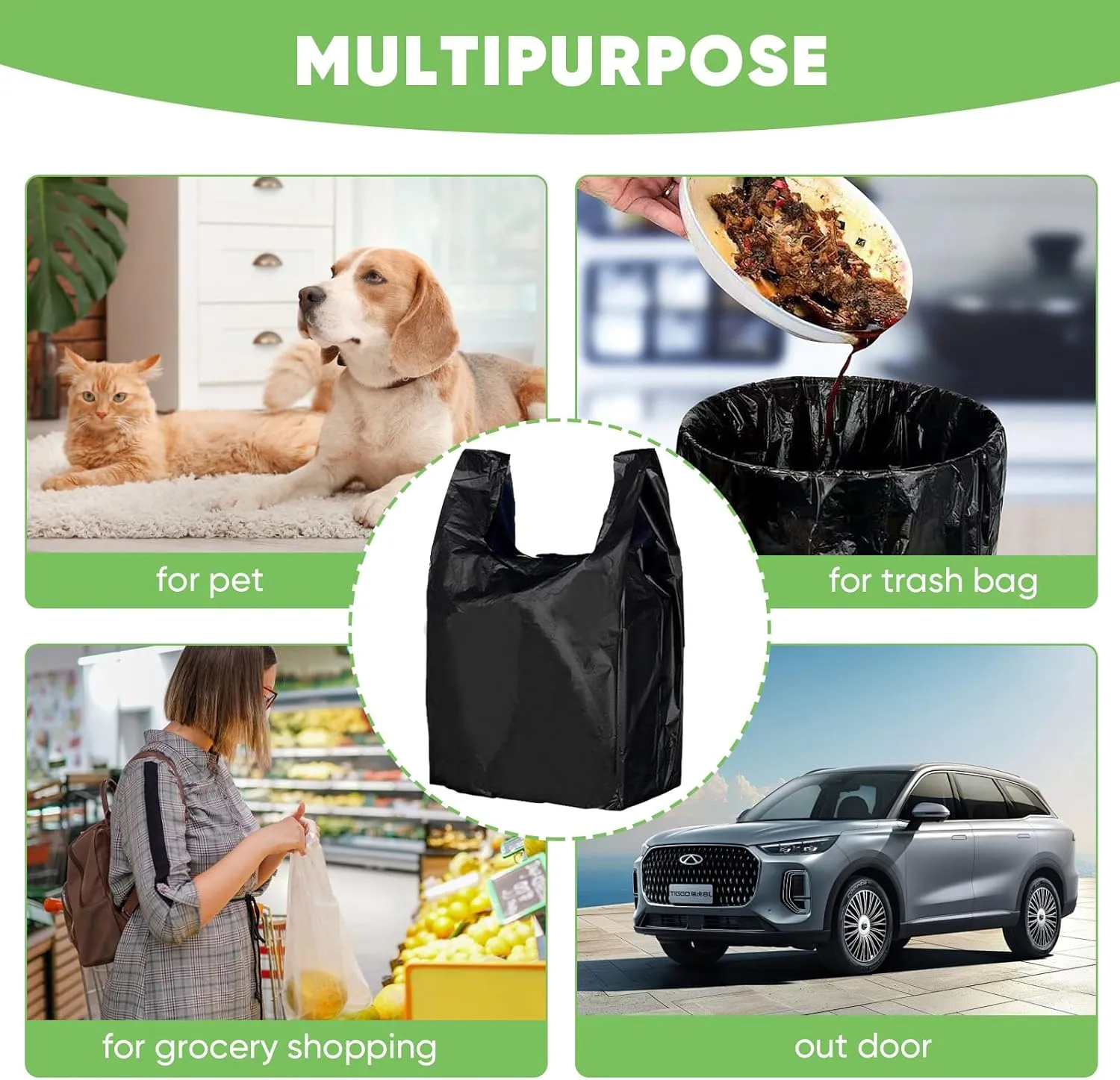 Black Plastic Bags (11.5'x 6.5" x 21')(300Pack) with Handles - Shopping & Grocery Bags for Small Business & Restaurants in Bulk