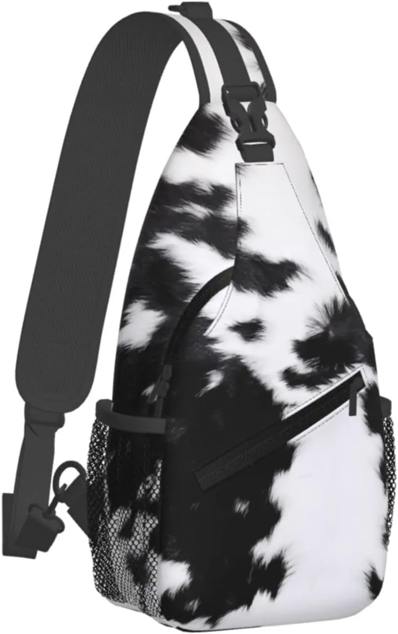 Black White Cowhide Texture Crossbody Bag Cross Chest Bag Adjustable Sling Backpack Sports Gym Shoulder Bags Travel Cycling Daypack Diagonally Casual Rucksack