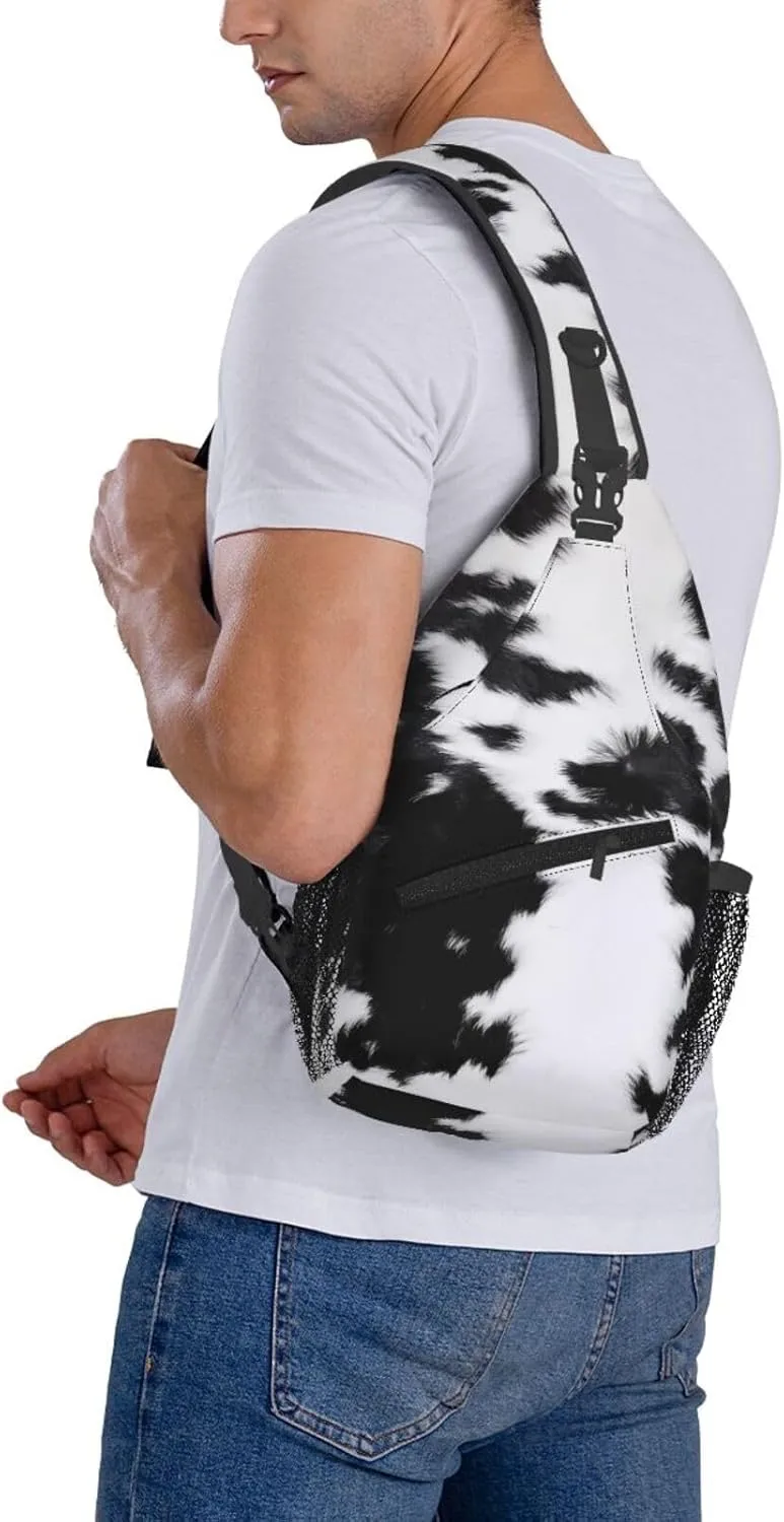Black White Cowhide Texture Crossbody Bag Cross Chest Bag Adjustable Sling Backpack Sports Gym Shoulder Bags Travel Cycling Daypack Diagonally Casual Rucksack
