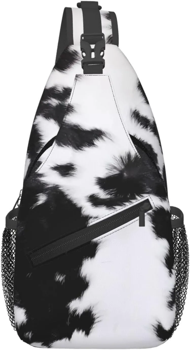 Black White Cowhide Texture Crossbody Bag Cross Chest Bag Adjustable Sling Backpack Sports Gym Shoulder Bags Travel Cycling Daypack Diagonally Casual Rucksack
