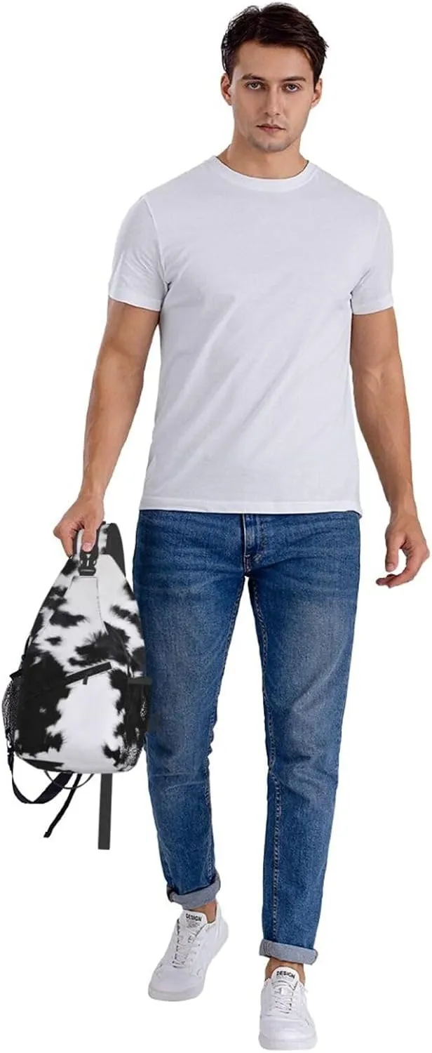 Black White Cowhide Texture Crossbody Bag Cross Chest Bag Adjustable Sling Backpack Sports Gym Shoulder Bags Travel Cycling Daypack Diagonally Casual Rucksack