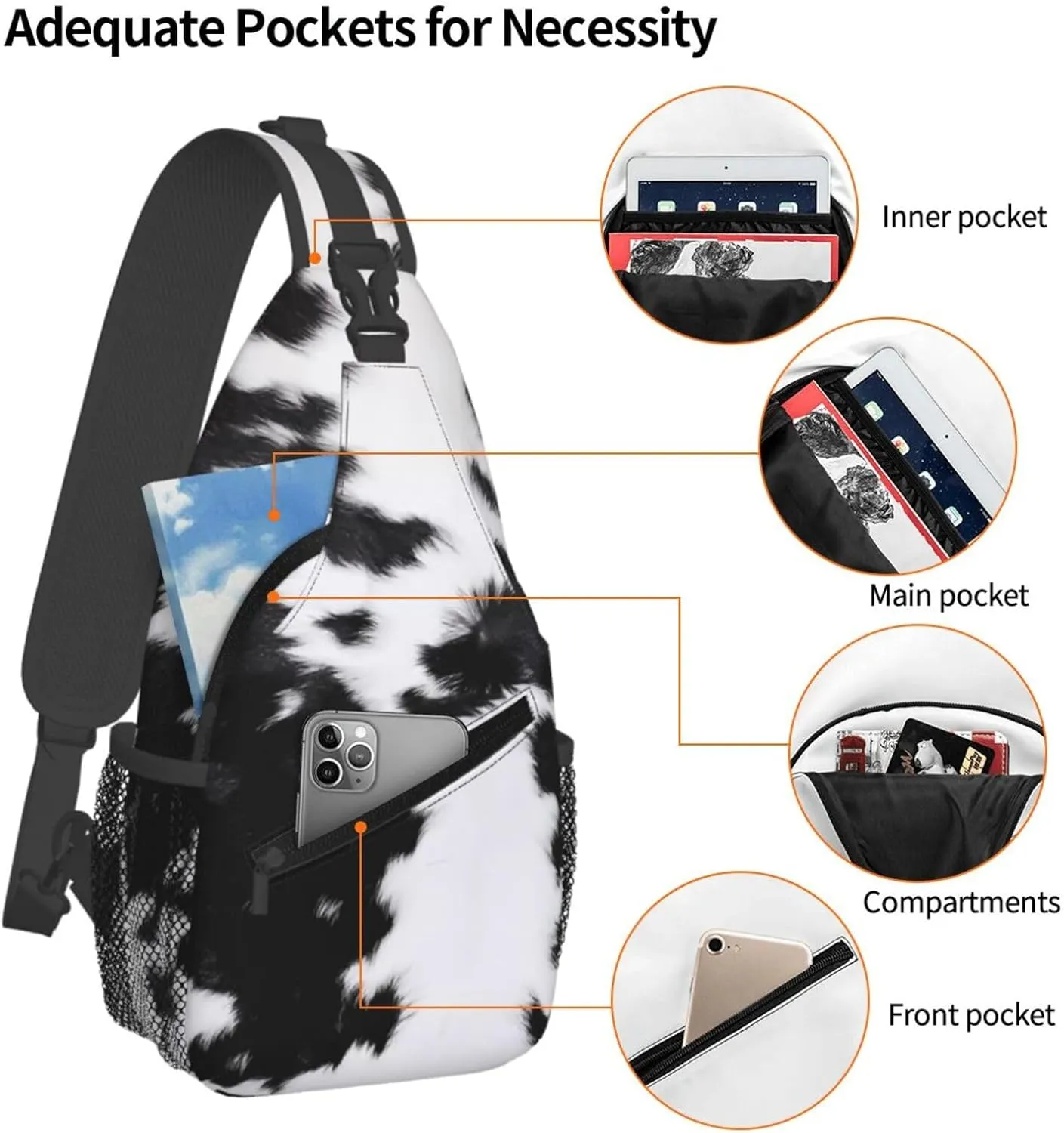 Black White Cowhide Texture Crossbody Bag Cross Chest Bag Adjustable Sling Backpack Sports Gym Shoulder Bags Travel Cycling Daypack Diagonally Casual Rucksack