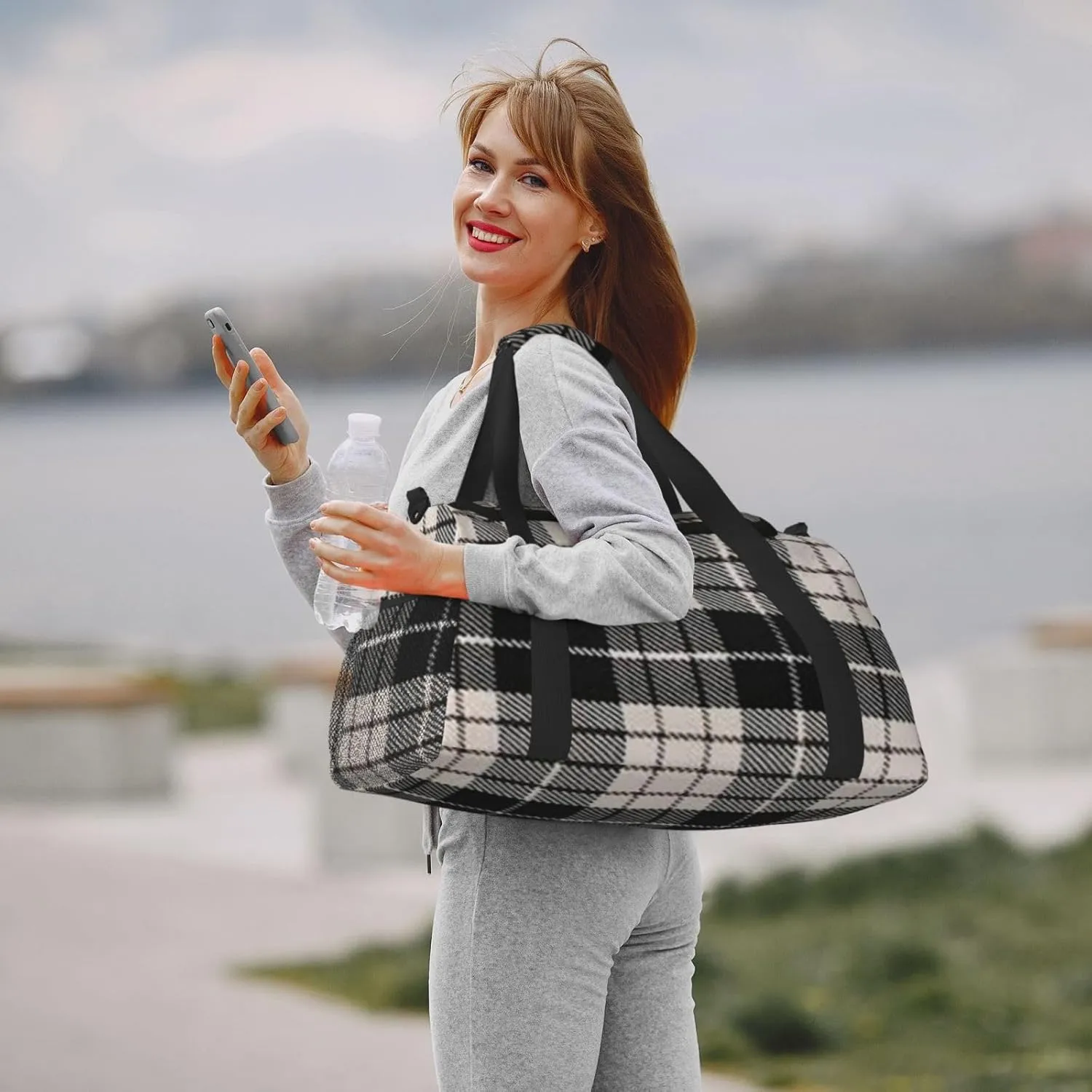 Black White Grid Thin Line Travel Duffel Bag Large Foldable Waterproof Overnight Bag For Beach Swim Bags Pool Sports Gym