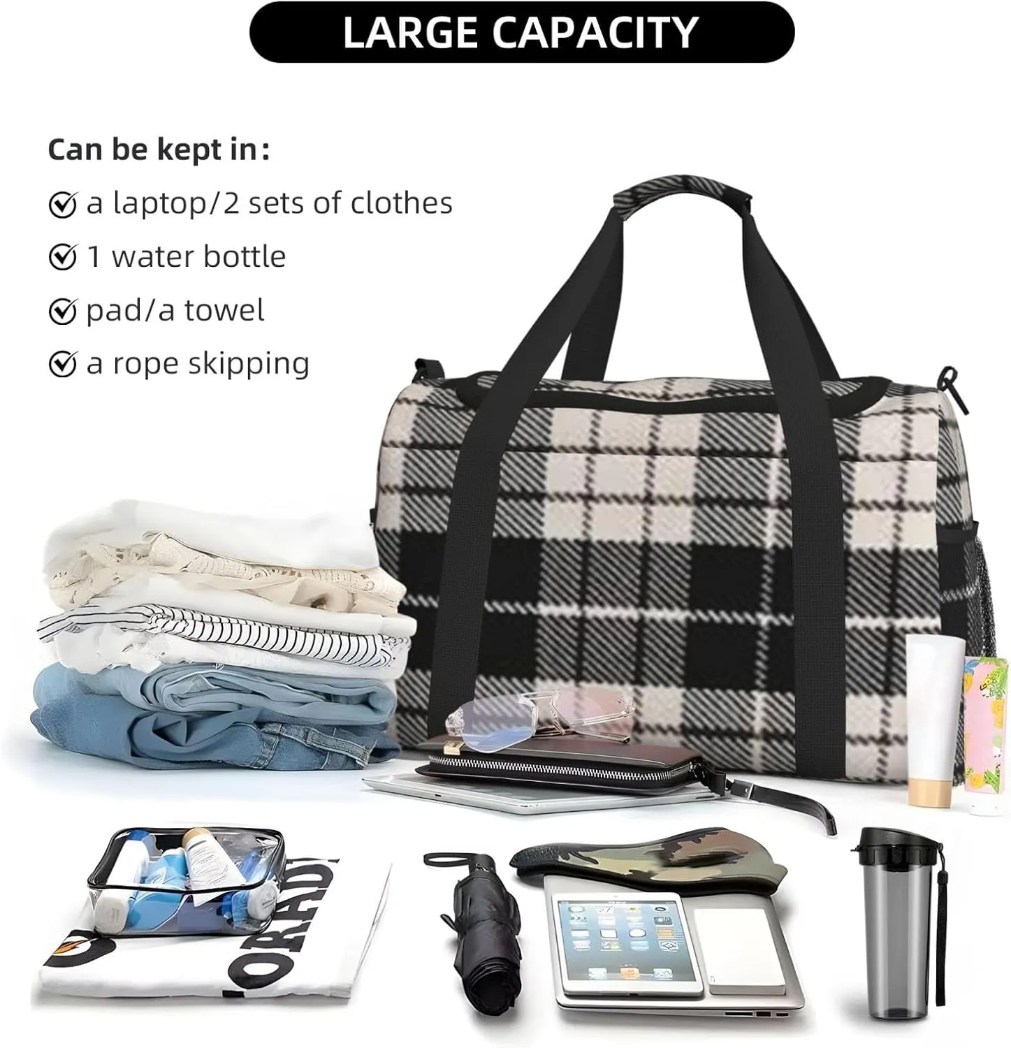 Black White Grid Thin Line Travel Duffel Bag Large Foldable Waterproof Overnight Bag For Beach Swim Bags Pool Sports Gym