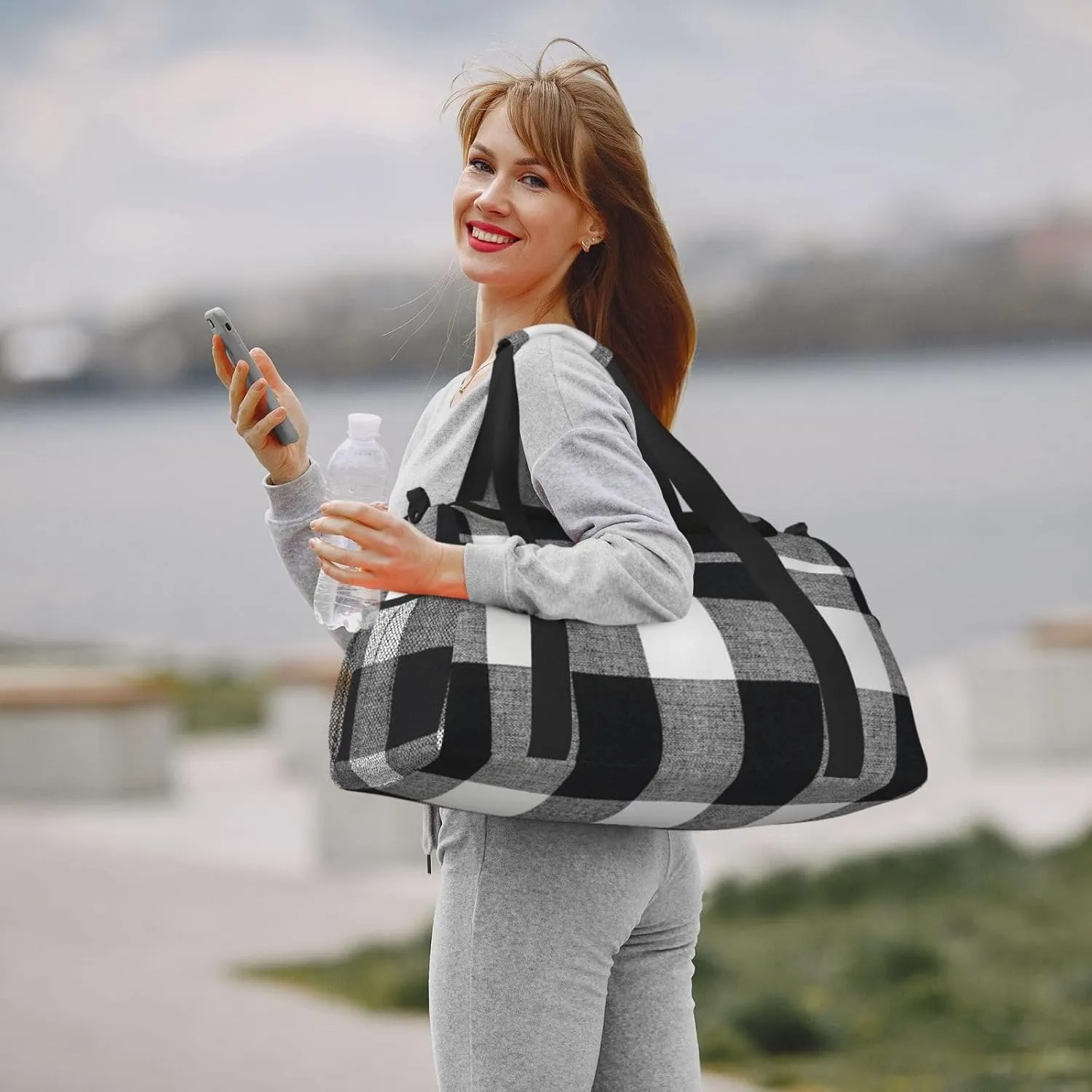 Black White Grid Thin Line Travel Duffel Bag Large Foldable Waterproof Overnight Bag For Beach Swim Bags Pool Sports Gym